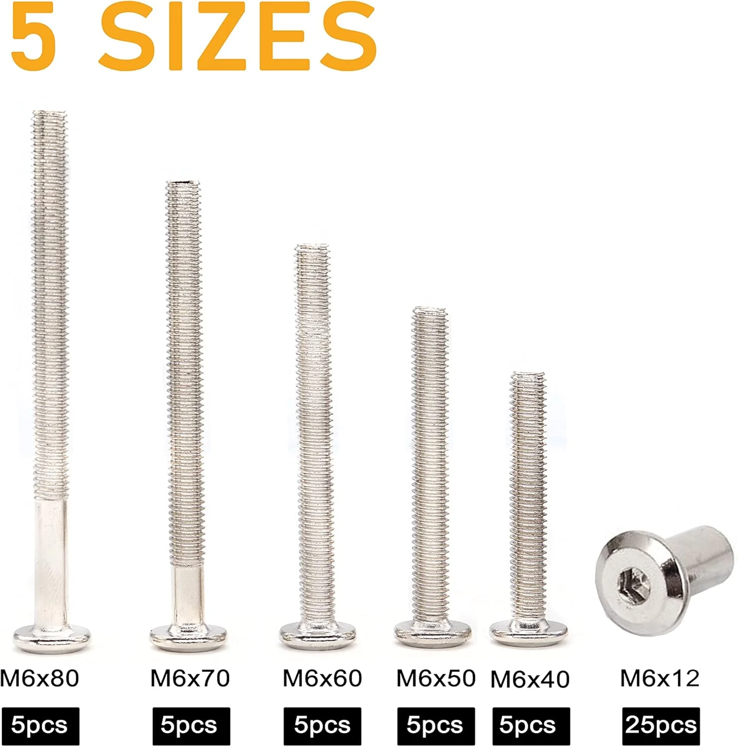 مجموعه 50 عددی پیچ و مهره استوانه ای با سر شش گوش binifiMux، پیچ های اتصال مبلمان، پیچ های پرچ، مهره های استوانه ای، پیچ های خزینه ای M6x40mm 50mm 60mm 70mm 80mm با روکش نیکل