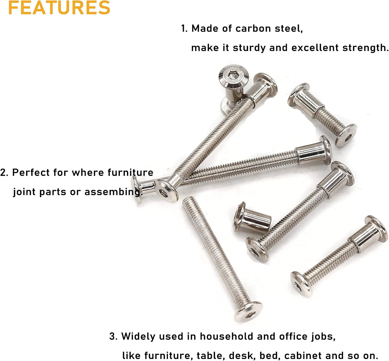 مجموعه 50 عددی پیچ و مهره استوانه ای با سر شش گوش binifiMux، پیچ های اتصال مبلمان، پیچ های پرچ، مهره های استوانه ای، پیچ های خزینه ای M6x40mm 50mm 60mm 70mm 80mm با روکش نیکل