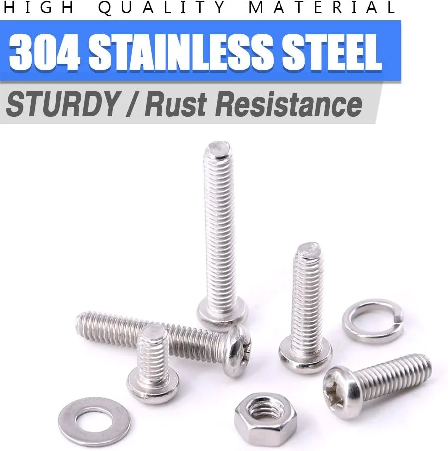 مجموعه پیچ و مهره استیل ضد زنگ گلارک با سر گرد M4، شامل پیچ های فیلیپس، مهره ها، واشرهای قفلی و واشرهای تخت، 280 قطعه مجموعه پیچ و مهره استیل ضد زنگ گلارک با سر گرد M4، شامل پیچ های فیلیپس، مهره ها، واشرهای قفلی و واشرهای تخت، 280 قطعه