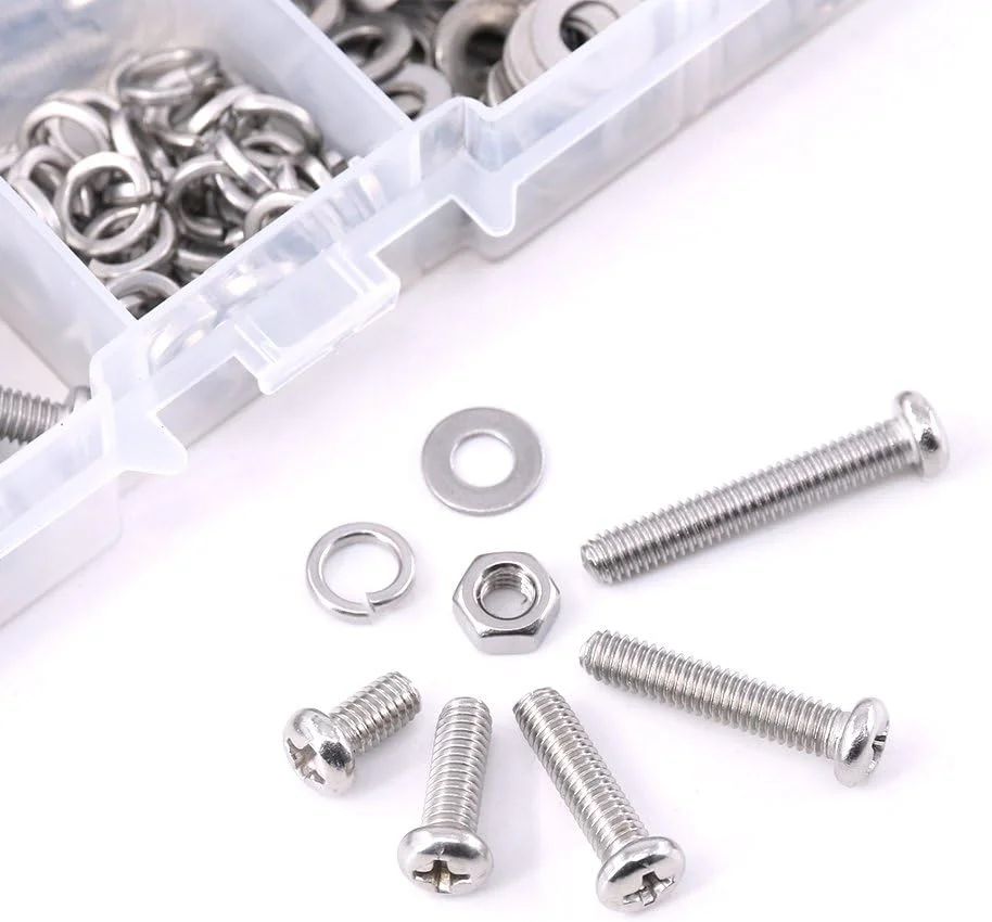 مجموعه پیچ و مهره استیل ضد زنگ گلارک با سر گرد M4، شامل پیچ های فیلیپس، مهره ها، واشرهای قفلی و واشرهای تخت، 280 قطعه مجموعه پیچ و مهره استیل ضد زنگ گلارک با سر گرد M4، شامل پیچ های فیلیپس، مهره ها، واشرهای قفلی و واشرهای تخت، 280 قطعه