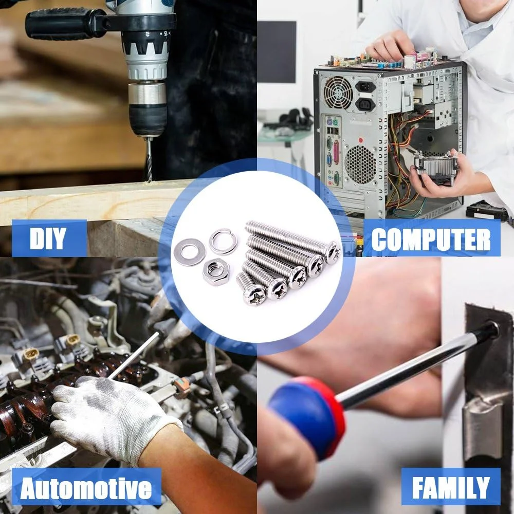 مجموعه پیچ و مهره استیل ضد زنگ گلارک با سر گرد M4، شامل پیچ های فیلیپس، مهره ها، واشرهای قفلی و واشرهای تخت، 280 قطعه مجموعه پیچ و مهره استیل ضد زنگ گلارک با سر گرد M4، شامل پیچ های فیلیپس، مهره ها، واشرهای قفلی و واشرهای تخت، 280 قطعه