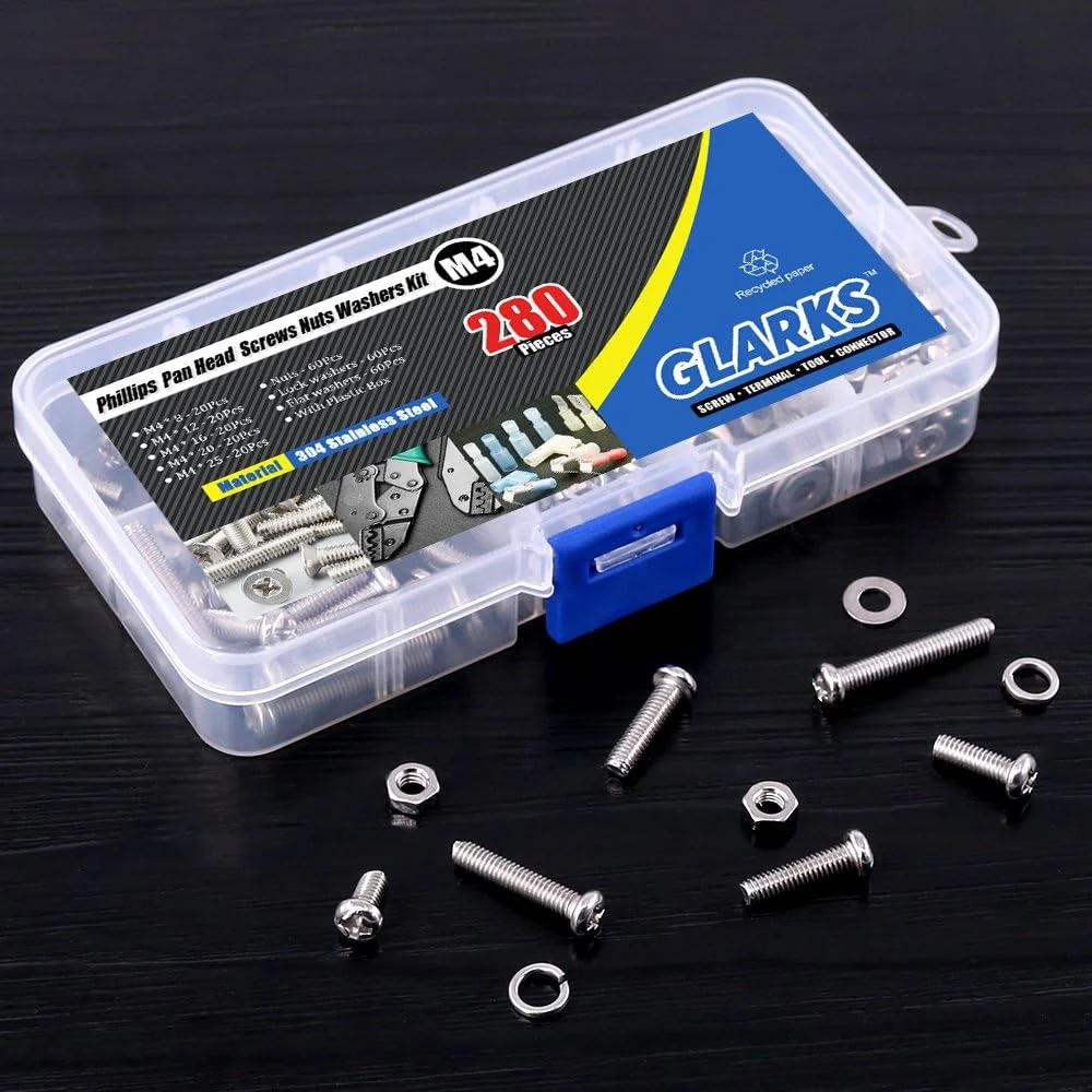 مجموعه پیچ و مهره استیل ضد زنگ گلارک با سر گرد M4، شامل پیچ های فیلیپس، مهره ها، واشرهای قفلی و واشرهای تخت، 280 قطعه مجموعه پیچ و مهره استیل ضد زنگ گلارک با سر گرد M4، شامل پیچ های فیلیپس، مهره ها، واشرهای قفلی و واشرهای تخت، 280 قطعه