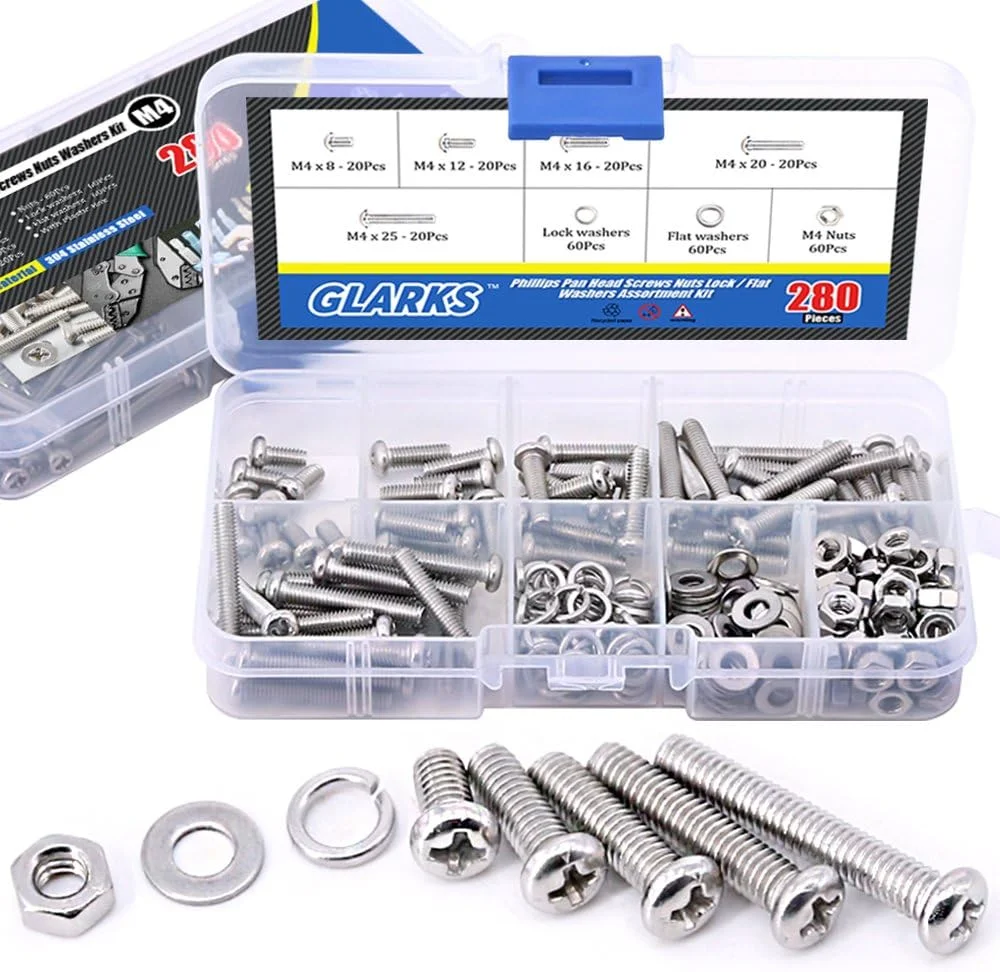 مجموعه پیچ و مهره استیل ضد زنگ Glarks شامل 280 قطعه پیچ های استیل M4 سر گرد فیلیپس، مهره، واشر قفلی و واشر تخت مجموعه پیچ و مهره استیل ضد زنگ Glarks شامل 280 قطعه پیچ های استیل M4 سر گرد فیلیپس، مهره، واشر قفلی و واشر تخت