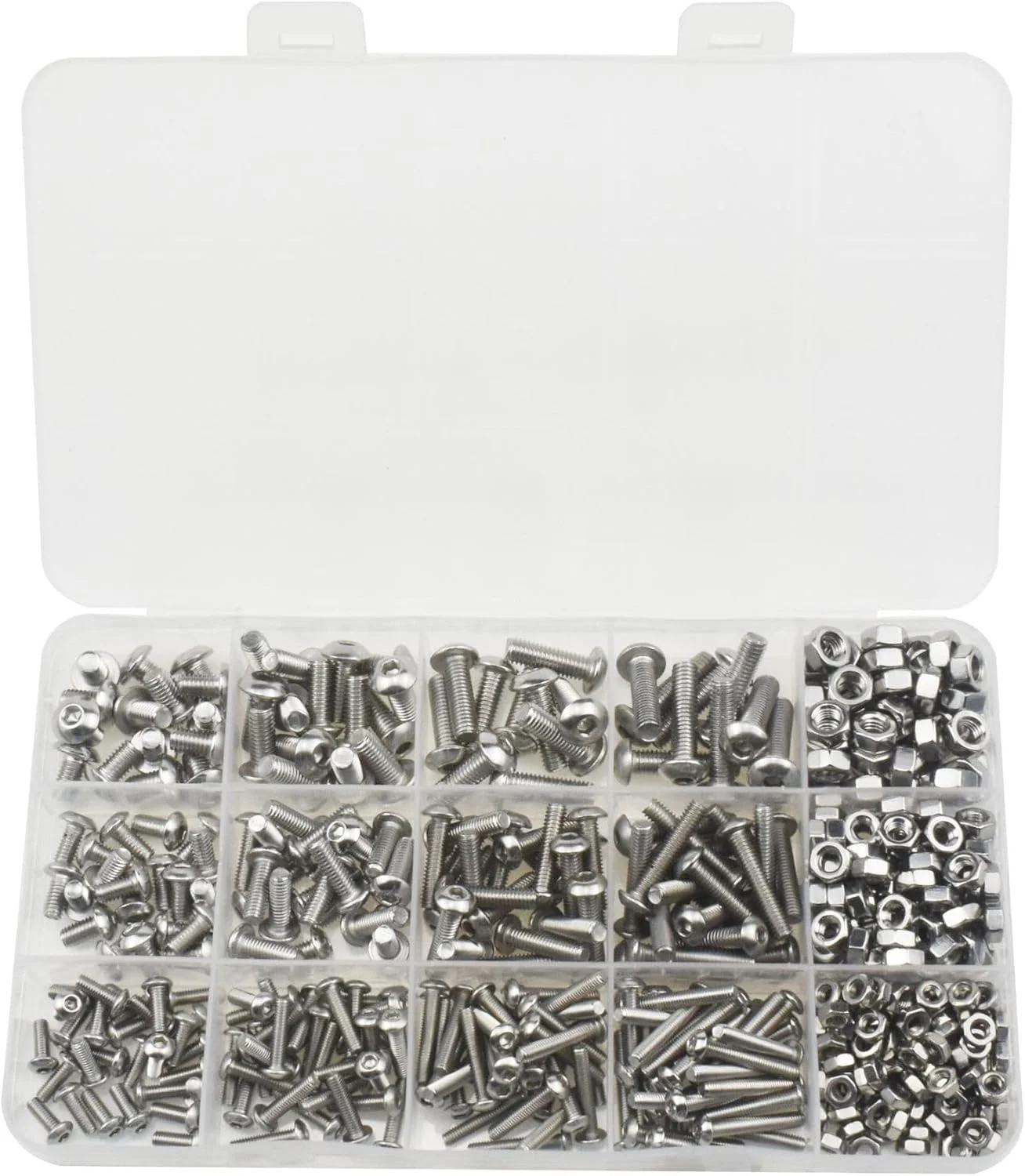 مجموعه 500 عددی پیچ و مهره استیل 304 شامل پیچ های M3 M4 M5 سر گرد و مهره و پیچ های آلن مجموعه 500 عددی پیچ و مهره استیل 304 شامل پیچ های M3 M4 M5 سر گرد و مهره و پیچ های آلن