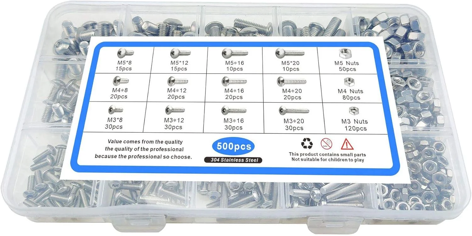 مجموعه 500 عددی پیچ و مهره استیل 304 شامل پیچ های M3 M4 M5 سر گرد و مهره و پیچ های آلن مجموعه 500 عددی پیچ و مهره استیل 304 شامل پیچ های M3 M4 M5 سر گرد و مهره و پیچ های آلن