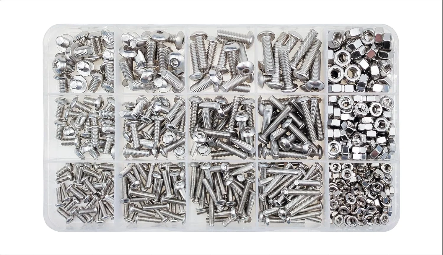 مجموعه 500 عددی پیچ و مهره استیل 304 شامل پیچ های M3 M4 M5 سر گرد و مهره و پیچ های آلن مجموعه 500 عددی پیچ و مهره استیل 304 شامل پیچ های M3 M4 M5 سر گرد و مهره و پیچ های آلن