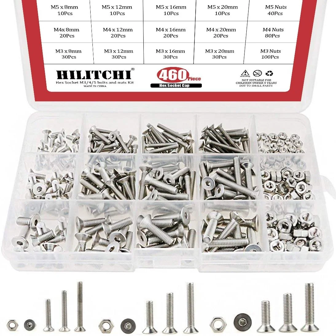 مجموعه پیچ و مهره 460 عددی متری Hilitchi M3 M4 M5 با سر تخت و سوکت شش گوش - استیل ضد زنگ 304