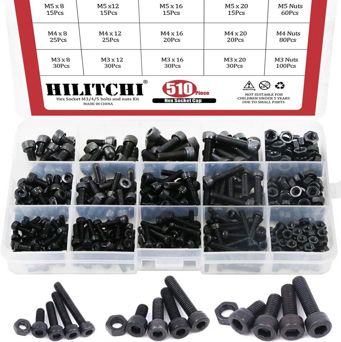Hilitchi مجموعه 510 عددی پیچ و مهره سر استوانه ای آلیاژ فولادی M3 M4 M5 با سر شش گوش - آلیاژ فولادی گرید 12.9 HHNLJ