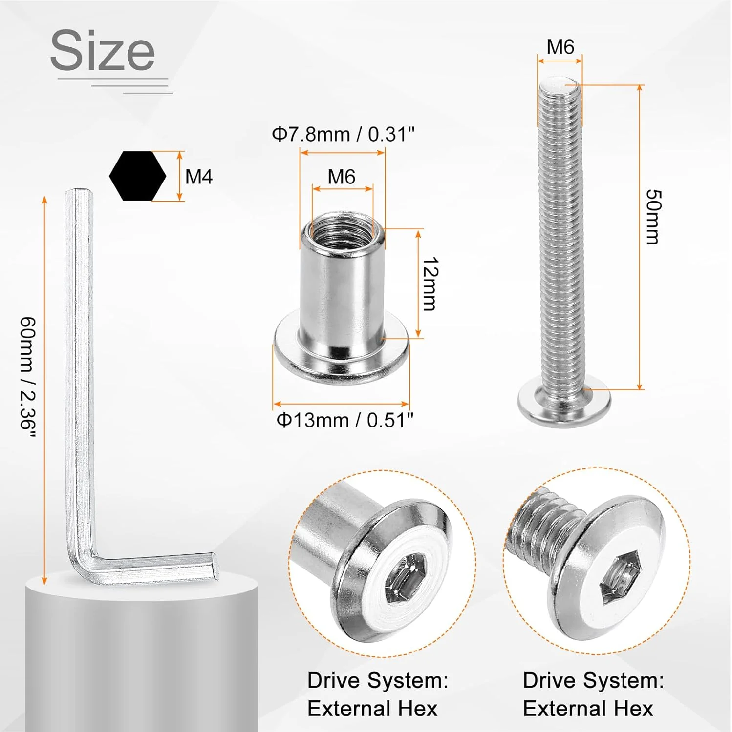 sourcing map 20 Set M6x50mm Hex Drive Socket Cap Bolt and M6x12mm Nuts with M4 Hex Wrench, Furniture Connector Bolts and Screws for Furniture Countersunk Belt, Silver sourcing map 20 Set M6x50mm Hex Drive Socket Cap Bolt and M6x12mm Nuts with M4 Hex Wrench, Furniture Connector Bolts and Screws for Furniture Countersunk Belt, Silver