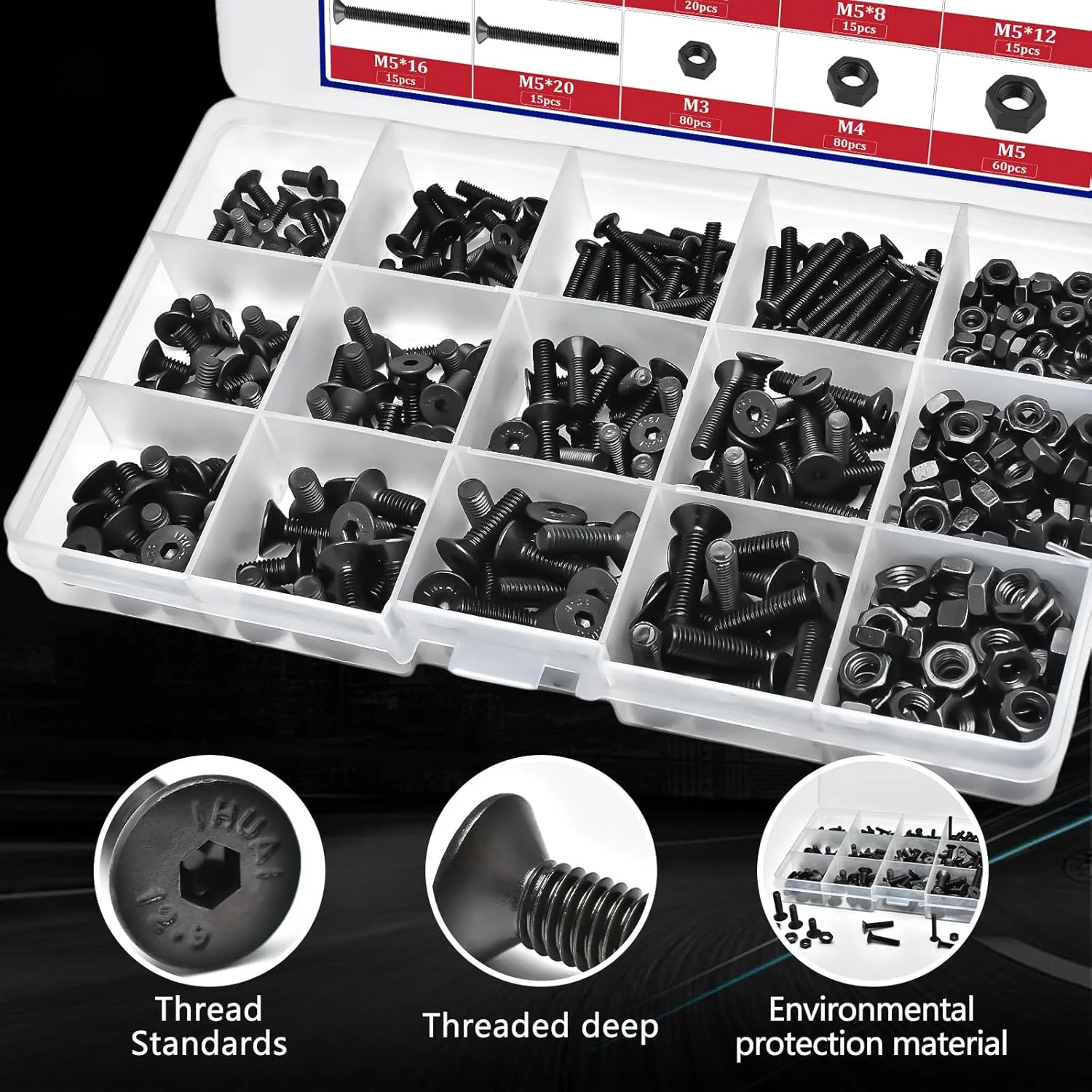 Flat Hex Socket Head Cap Screws Metric Thread Hexagon Allen Head Drive Countersunk Machine Bolts Nuts Standard Fastener Hardware Assortment Kit Set 500pcs Alloy Steel 10.9 Class Black M3 M4 M5 Flat Hex Socket Head Cap Screws Metric Thread Hexagon Allen Head Drive Countersunk Machine Bolts Nuts Standard Fastener Hardware Assortment Kit Set 500pcs Alloy Steel 10.9 Class Black M3 M4 M5