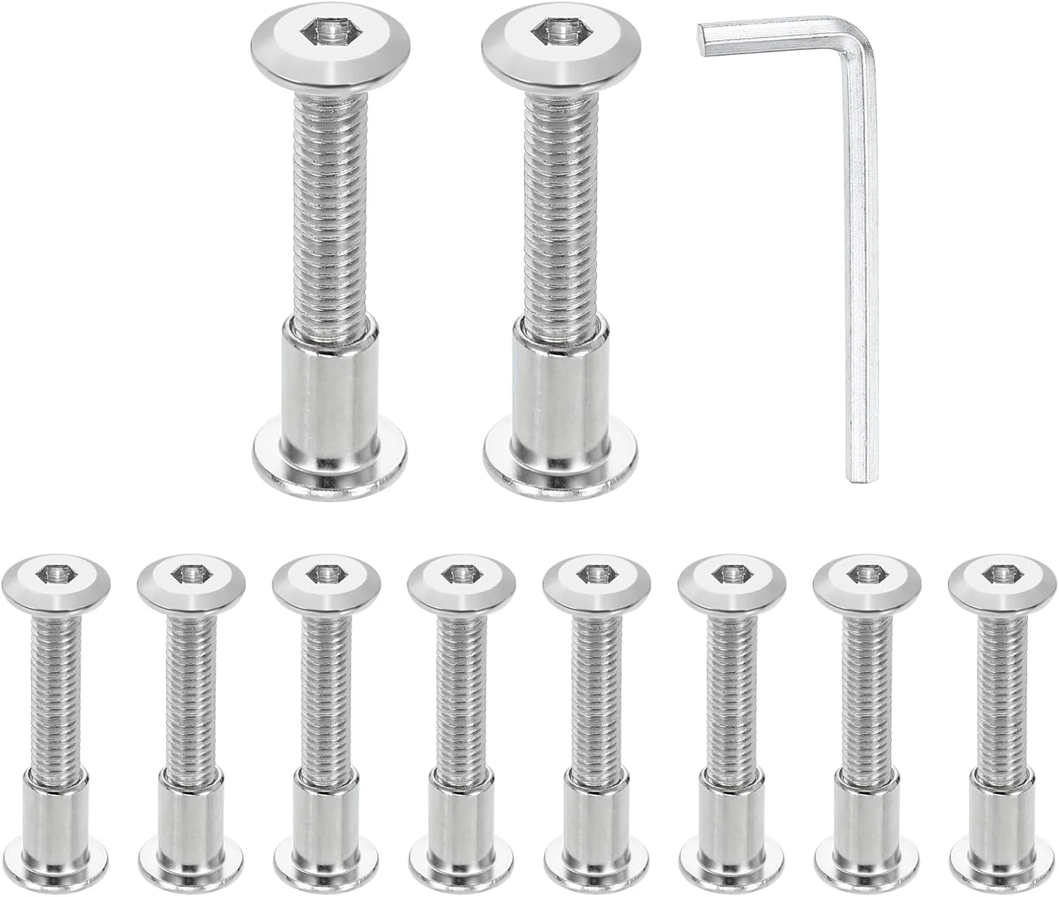 sourcing map 10 مجموعه پیچ آلن M6x45mm و مهره M6x12mm با آچار آلن M4، پیچ و مهره اتصال دهنده مبلمان برای تسمه خزینه دار مبلمان، نقره ای