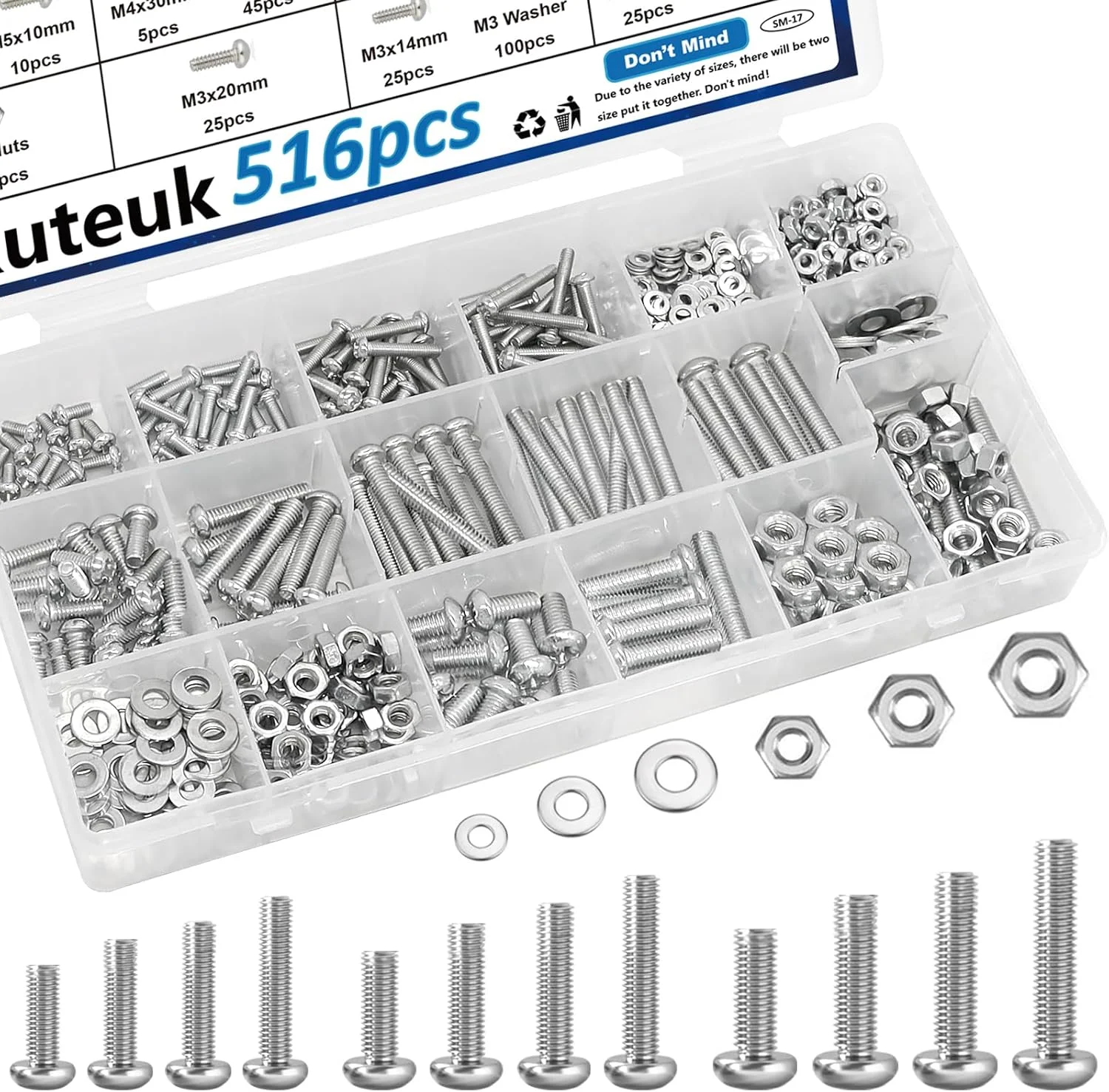 مجموعه 516 عددی پیچ و مهره mxuteuk شامل 21 سایز مختلف پیچ، مهره و واشر M3/M4/M5/M6 با سر تخت فیلیپس و دوسو و مهره های شش گوش