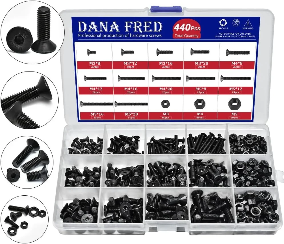 Flat Hex Socket Head Cap Screws Metric Thread Hexagon Allen Head Drive Countersunk Machine Bolts Nuts Standard Fastener Hardware Assortment Kit Set 500pcs Alloy Steel 10.9 Class Black M3 M4 M5 Flat Hex Socket Head Cap Screws Metric Thread Hexagon Allen Head Drive Countersunk Machine Bolts Nuts Standard Fastener Hardware Assortment Kit Set 500pcs Alloy Steel 10.9 Class Black M3 M4 M5