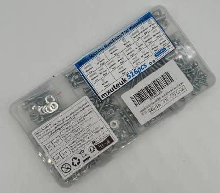 مجموعه 516 عددی پیچ و مهره mxuteuk شامل 21 سایز مختلف پیچ، مهره و واشر M3/M4/M5/M6 با سر تخت فیلیپس و دوسو و مهره های شش گوش