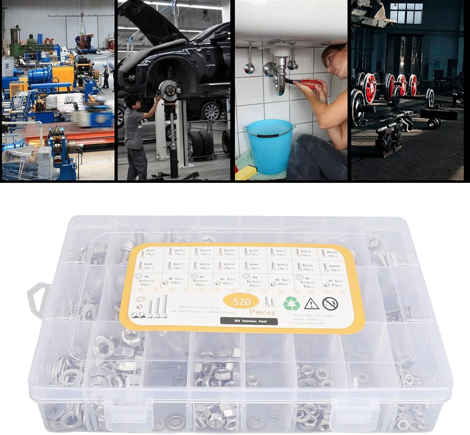 مجموعه 520 عددی مهره و پیچ NDNCZDHC، مجموعه پیچ های M3 M4 M5 M6، پیچ های سر شش گوش، مهره ها، واشرهای تخت