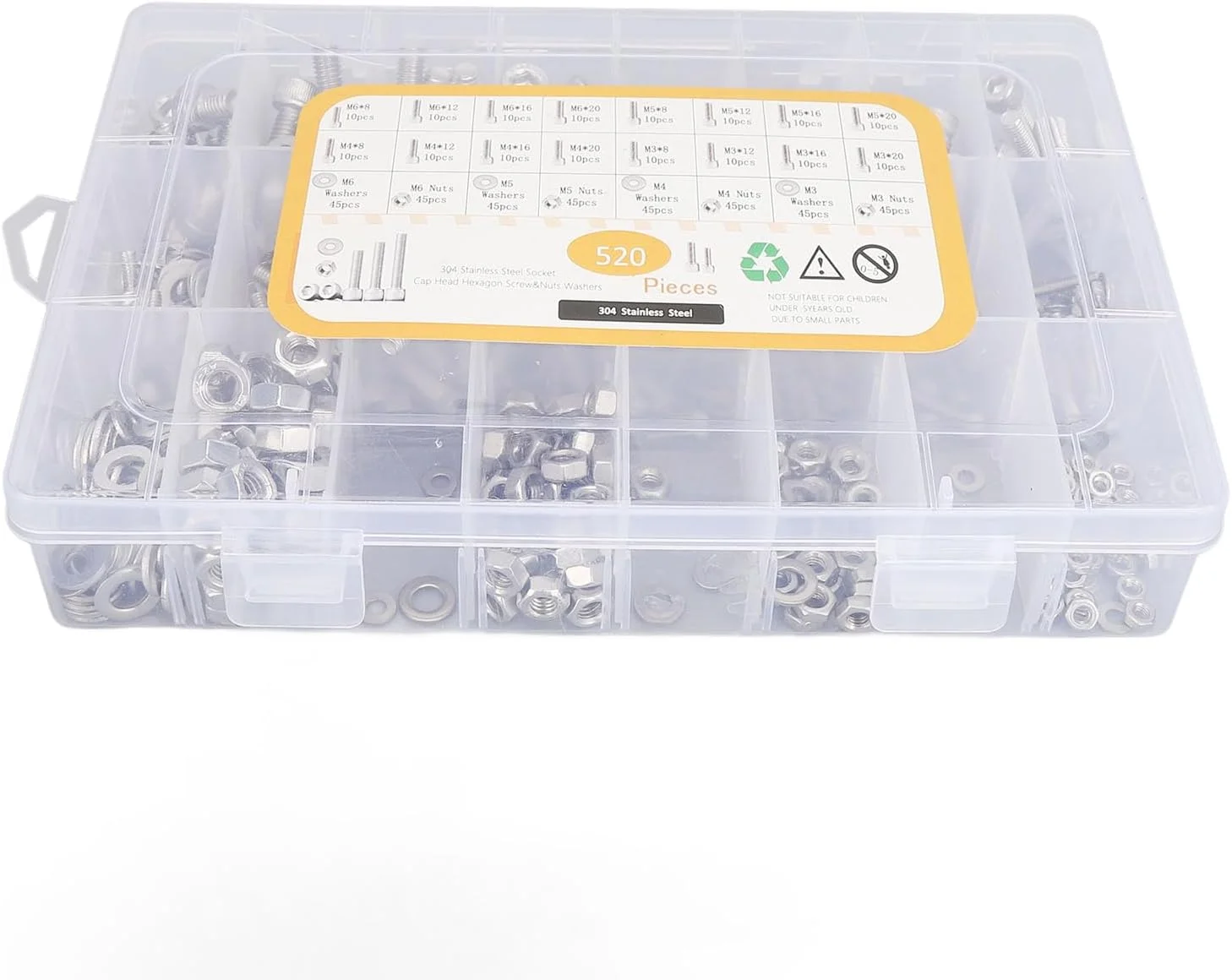 مجموعه 520 عددی مهره و پیچ NDNCZDHC، مجموعه پیچ های M3 M4 M5 M6، پیچ های سر شش گوش، مهره ها، واشرهای تخت