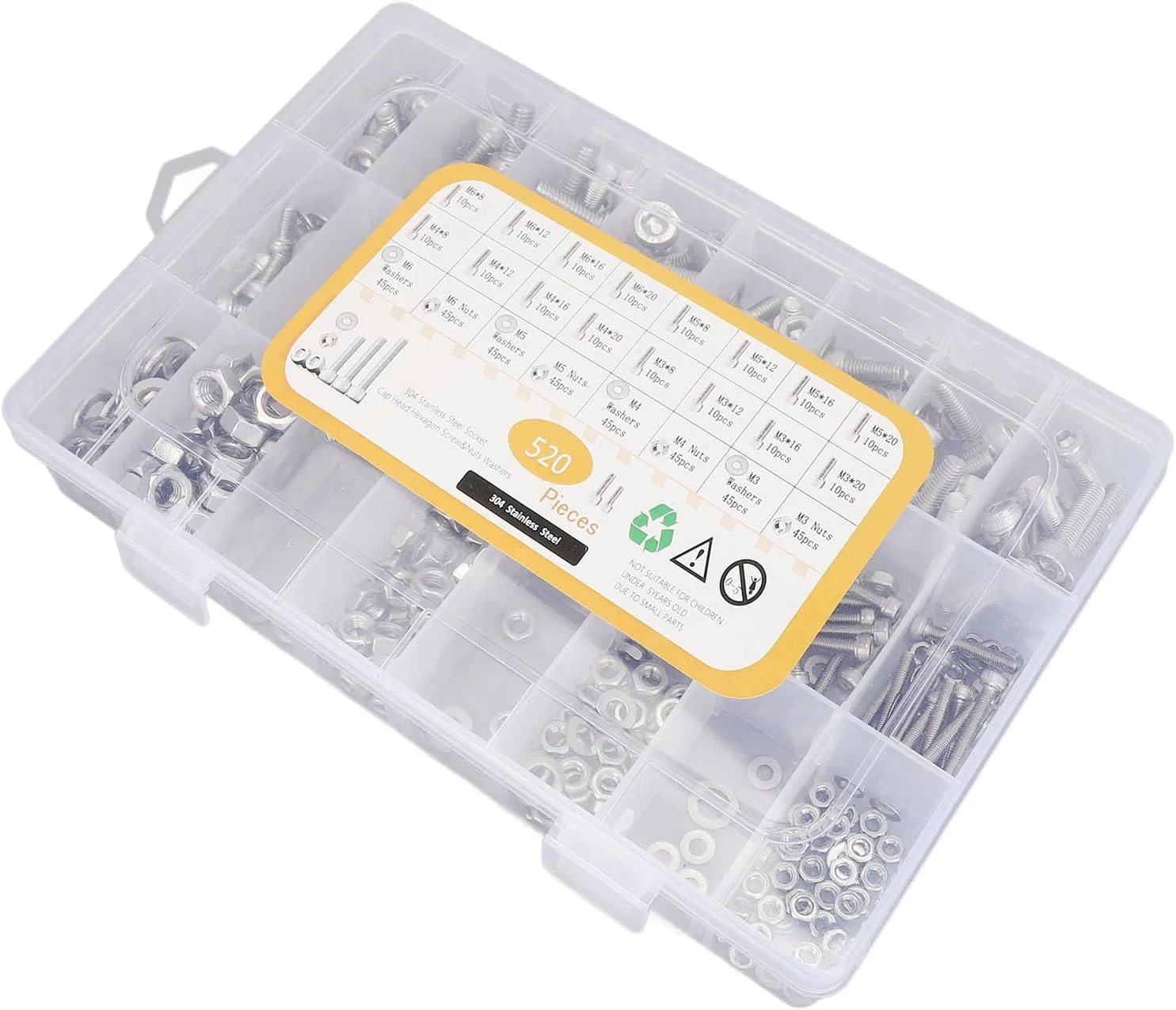 مجموعه 520 عددی مهره و پیچ NDNCZDHC، مجموعه پیچ های M3 M4 M5 M6، پیچ های سر شش گوش، مهره ها، واشرهای تخت
