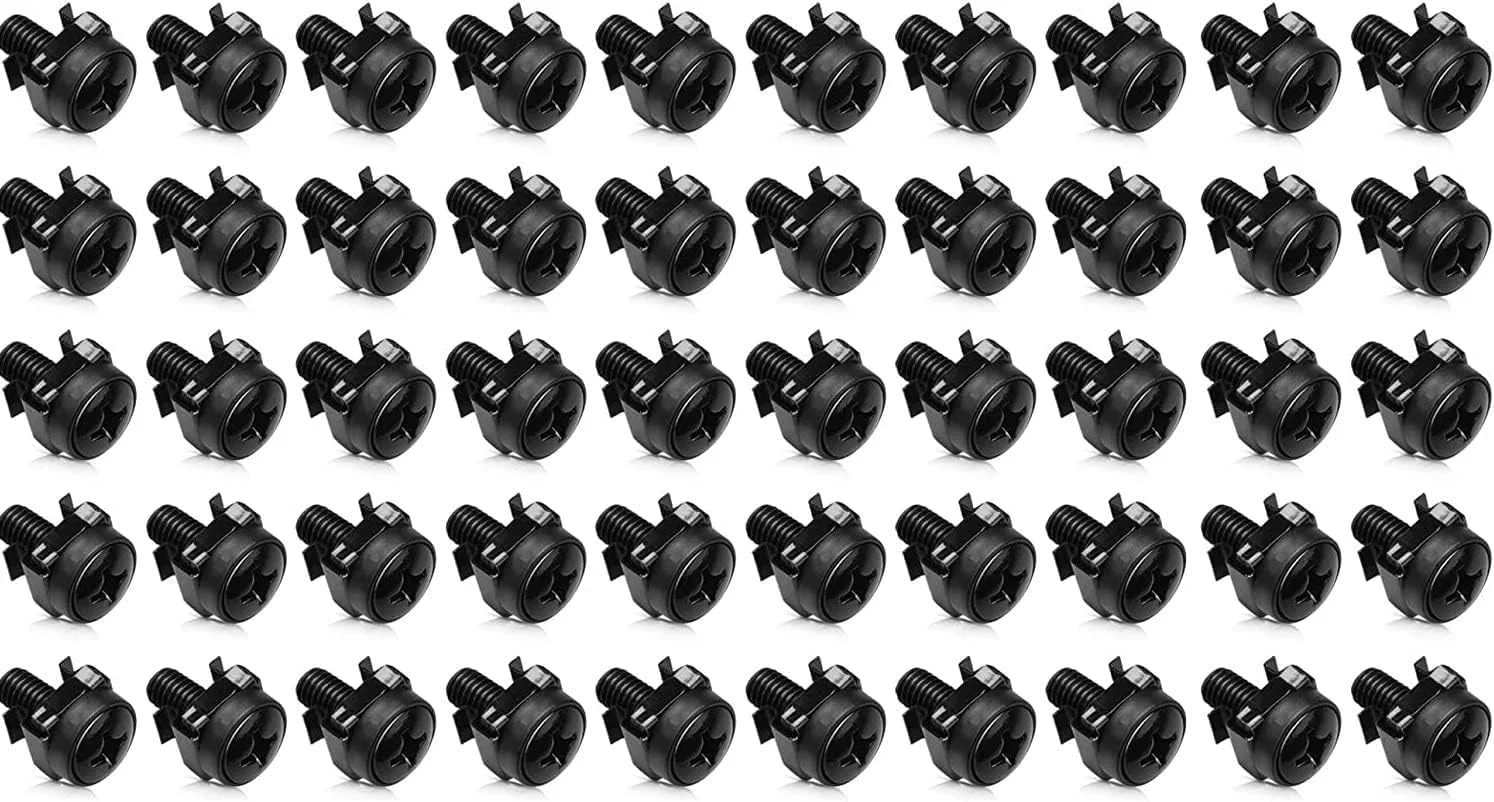 مجموعه 50 عددی مهره قفسی، پیچ و واشر - مجموعه سخت افزاری M6 برای رک ها و کابینت های سرور 19 اینچی - بست های نصب مشکی برای سرورها، قفسه ها، PDU ها، UPS - ساختار فولادی بادوام - مشکی