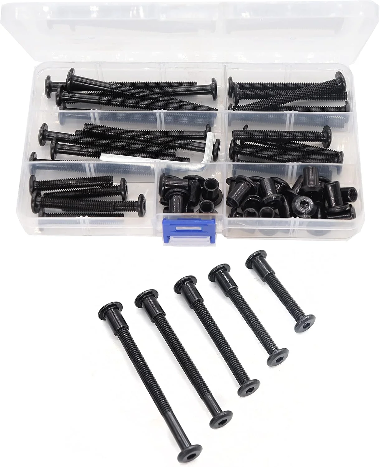 binifiMux مجموعه 50 عددی پیچ و مهره M6x35 /45/55/65/ 75 میلی متری با روکش زینک مشکی، پیچ های اتصال دهنده مبلمان، پیچ های پرچ، مهره های رولپلاک، پیچ های سر خزینه