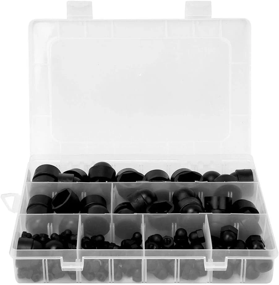 145 عدد روکش مهره و پیچ M4 M5 M6 M8 M10 M12 لاستیکی مشکی گنبدی، درپوش محافظ سخت افزاری با جعبه شفاف