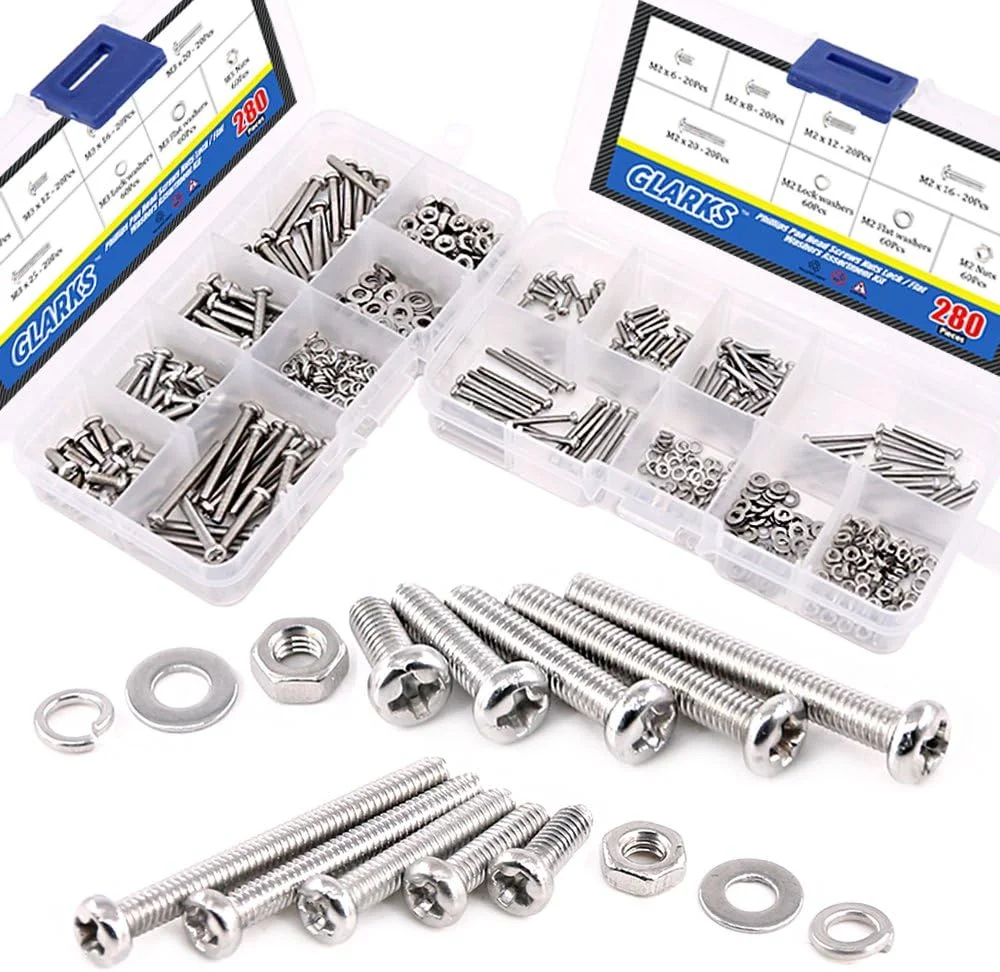 Glarks مجموعه 560 عددی پیچ و مهره استیل ضد زنگ M2 M3 با سر گرد، واشرهای تخت و قفلی