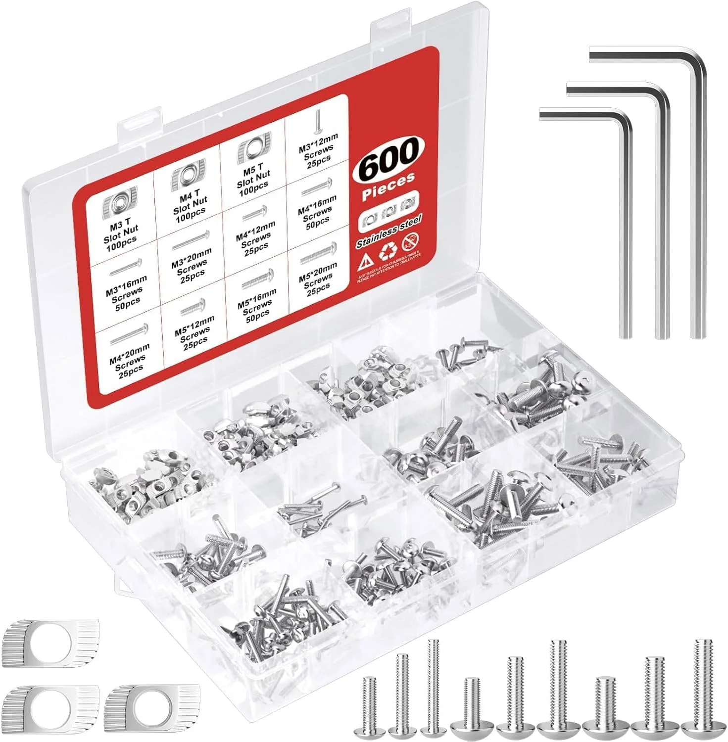 مجموعه 600 عددی پیچ و مهره M3 M4 M5، واشرهای قفلی، پیچ های استیل ضد زنگ با سر دکمه ای و سوکت شش گوش، به همراه 3 عدد آچار آلن رایگان، شامل جعبه ابزار مجموعه 600 عددی پیچ و مهره M3 M4 M5، واشرهای قفلی، پیچ های استیل ضد زنگ با سر دکمه ای و سوکت شش گوش، به همراه 3 عدد آچار آلن رایگان، شامل جعبه ابزار