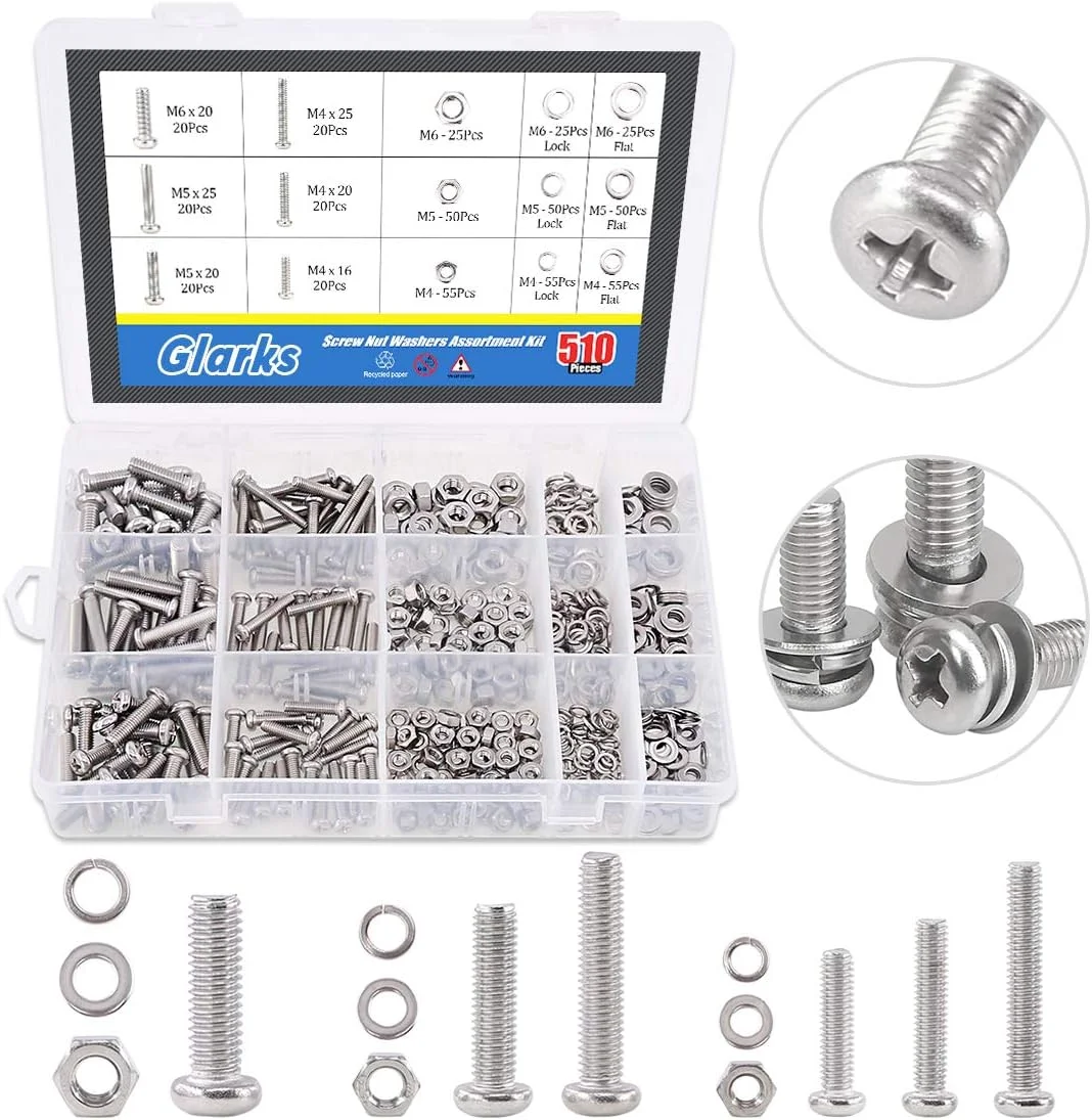 مجموعه 510 عددی پیچ و مهره و واشر تخت و فنری استیل Glarks