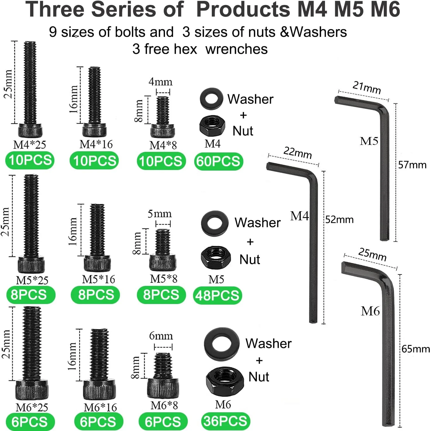 مجموعه 219 عددی پیچ و مهره WeqeYent، پیچ آلن سر گرد رزوه دار M4 M5 M6، پیچ های آلیاژ فولادی، پیچ های ماشینی اسفنجی دکمه ای شش ضلعی به همراه آچار (مشکی)