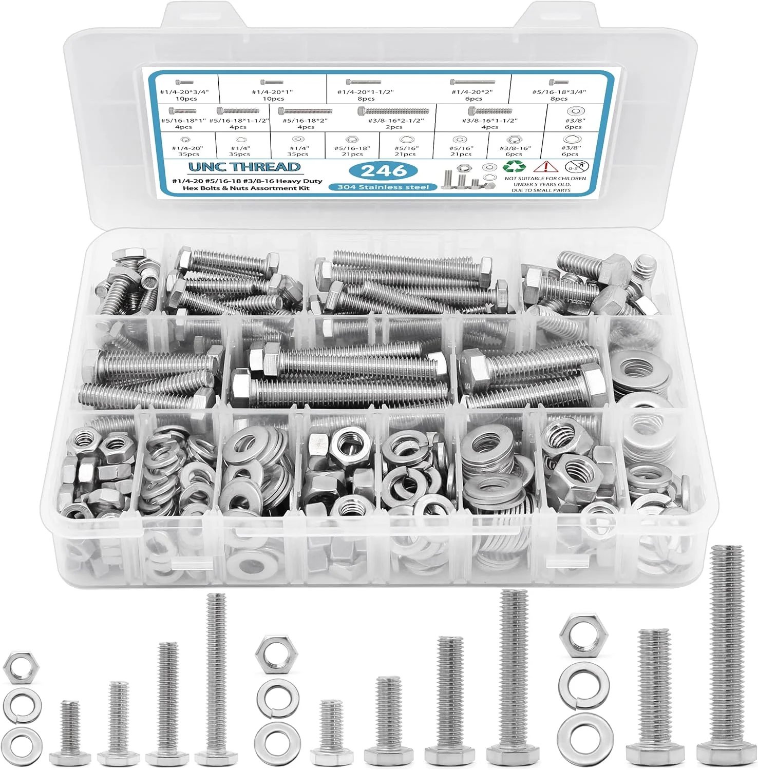مجموعه 246 عددی مهره و پیچ شش گوش SATANTECH، فولاد ضد زنگ 1/4-20، 5/16-18، 3/8-16، مجموعه پیچ و مهره، انواع مهره و پیچ، واشرهای تخت و فنری به همراه کیف مجموعه 246 عددی مهره و پیچ شش گوش SATANTECH، فولاد ضد زنگ 1/4-20، 5/16-18، 3/8-16، مجموعه پیچ و مهره، انواع مهره و پیچ، واشرهای تخت و فنری به همراه کیف