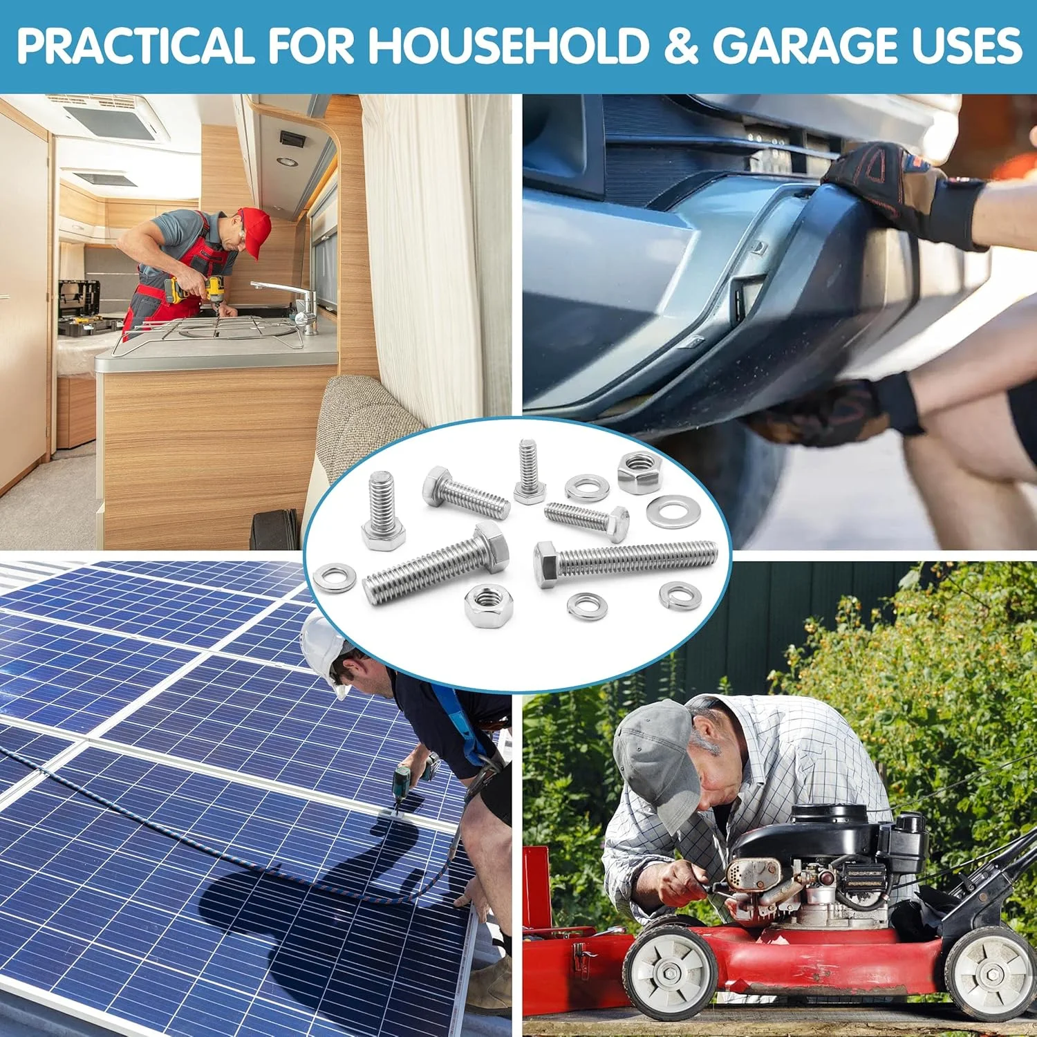 مجموعه 246 عددی مهره و پیچ ​​شش گوش SATANTECH، فولاد ضد زنگ 1/4-20، 5/16-18، 3/8-16، مجموعه پیچ و مهره، انواع مهره و پیچ، واشرهای تخت و فنری به همراه کیف