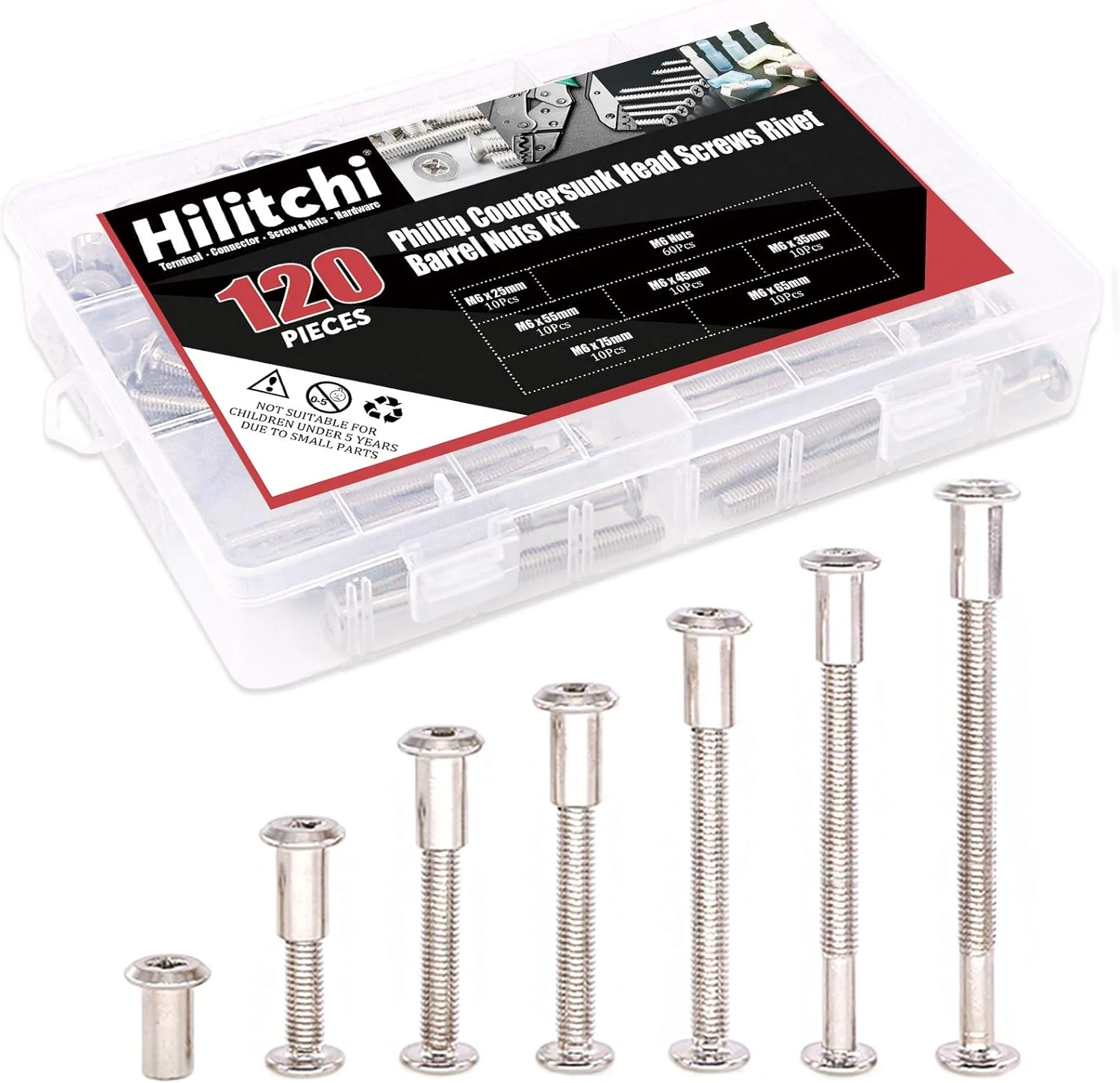 مجموعه 120 عددی پیچ و مهره استوانه ای سر خزینه فیلیپس M6 در اندازه های 25/35/45/55/65/75 میلی متر Hilitchi، مناسب برای اتصالات سخت افزاری مبلمان مجموعه 120 عددی پیچ و مهره استوانه ای سر خزینه فیلیپس M6 در اندازه های 25/35/45/55/65/75 میلی متر Hilitchi، مناسب برای اتصالات سخت افزاری مبلمان
