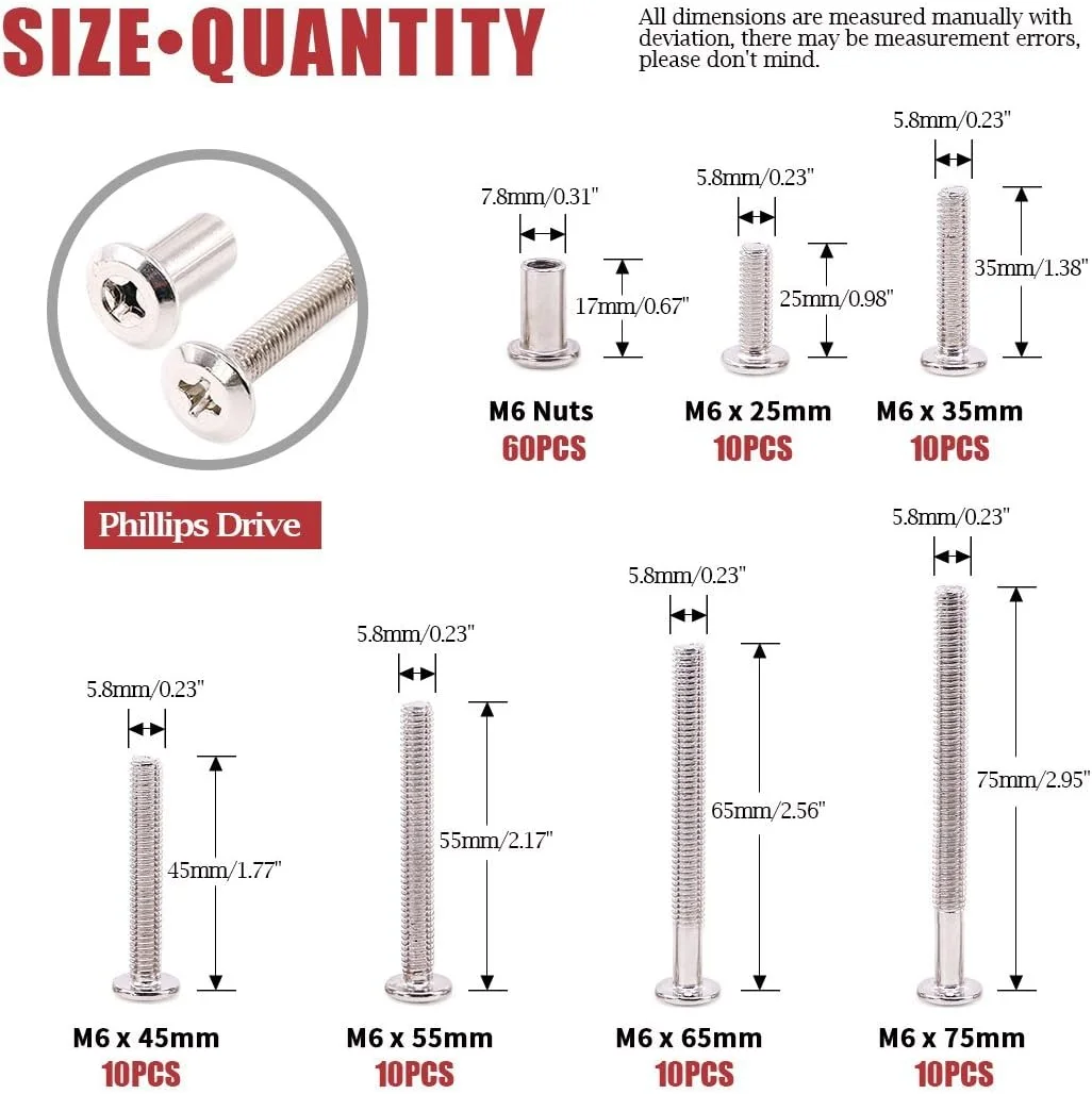 مجموعه 120 عددی پیچ و مهره استوانه ای سر خزینه فیلیپس M6 در اندازه های 25/35/45/55/65/75 میلی متر Hilitchi، مناسب برای اتصالات سخت افزاری مبلمان مجموعه 120 عددی پیچ و مهره استوانه ای سر خزینه فیلیپس M6 در اندازه های 25/35/45/55/65/75 میلی متر Hilitchi، مناسب برای اتصالات سخت افزاری مبلمان