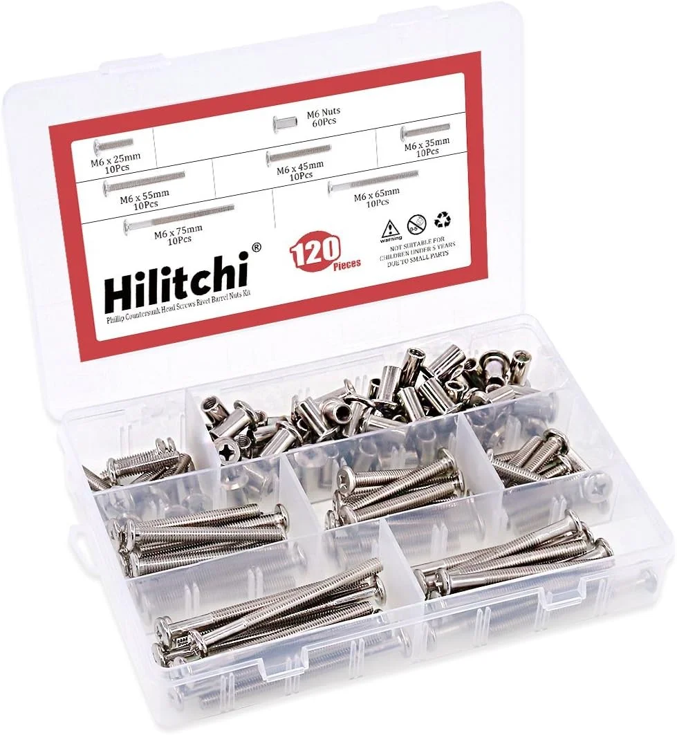 مجموعه 120 عددی پیچ و مهره استوانه ای سر خزینه فیلیپس M6 در اندازه های 25/35/45/55/65/75 میلی متر Hilitchi، مناسب برای اتصالات سخت افزاری مبلمان مجموعه 120 عددی پیچ و مهره استوانه ای سر خزینه فیلیپس M6 در اندازه های 25/35/45/55/65/75 میلی متر Hilitchi، مناسب برای اتصالات سخت افزاری مبلمان