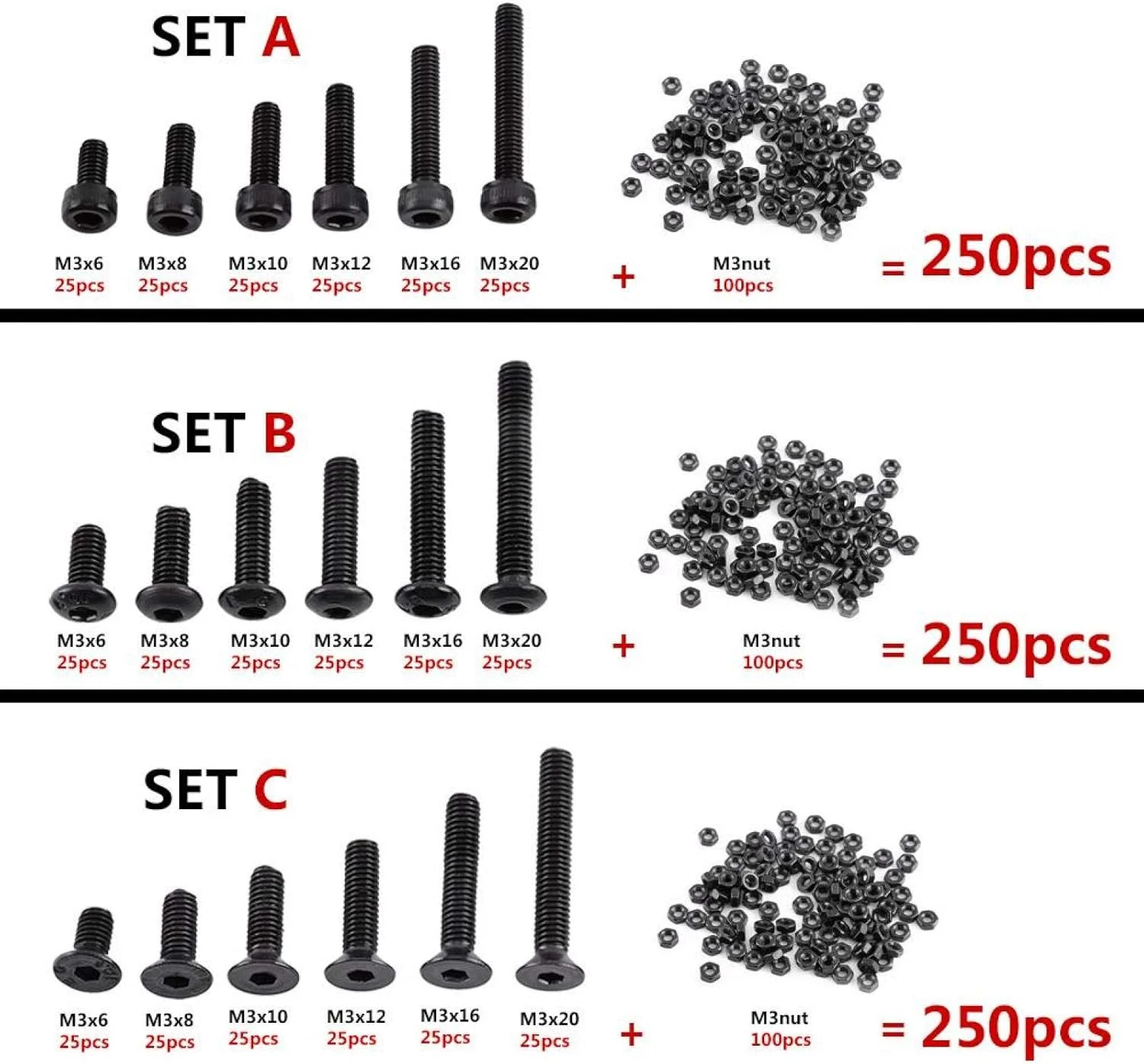 مجموعه 250 عددی پیچ و مهره M3 با سر استوانه ای شش گوش، واشرهای تخت، پیچ های استوانه ای با سر فولادی، واشرهای تخت و مهره های استاندارد (مدل A) مجموعه 250 عددی پیچ و مهره M3 با سر استوانه ای شش گوش، واشرهای تخت، پیچ های استوانه ای با سر فولادی، واشرهای تخت و مهره های استاندارد (مدل A)