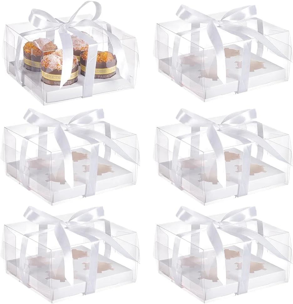 یونیکرافتال 6 عدد جعبه کاپ کیک شفاف، جعبه های نگهداری کاپ کیک کاغذی تاشو 4 تایی با درب های شفاف، جعبه بسته بندی شیرینی قابل حمل با روبان برای روز مادر، تولد، عروسی، لوازم جشن نوزاد