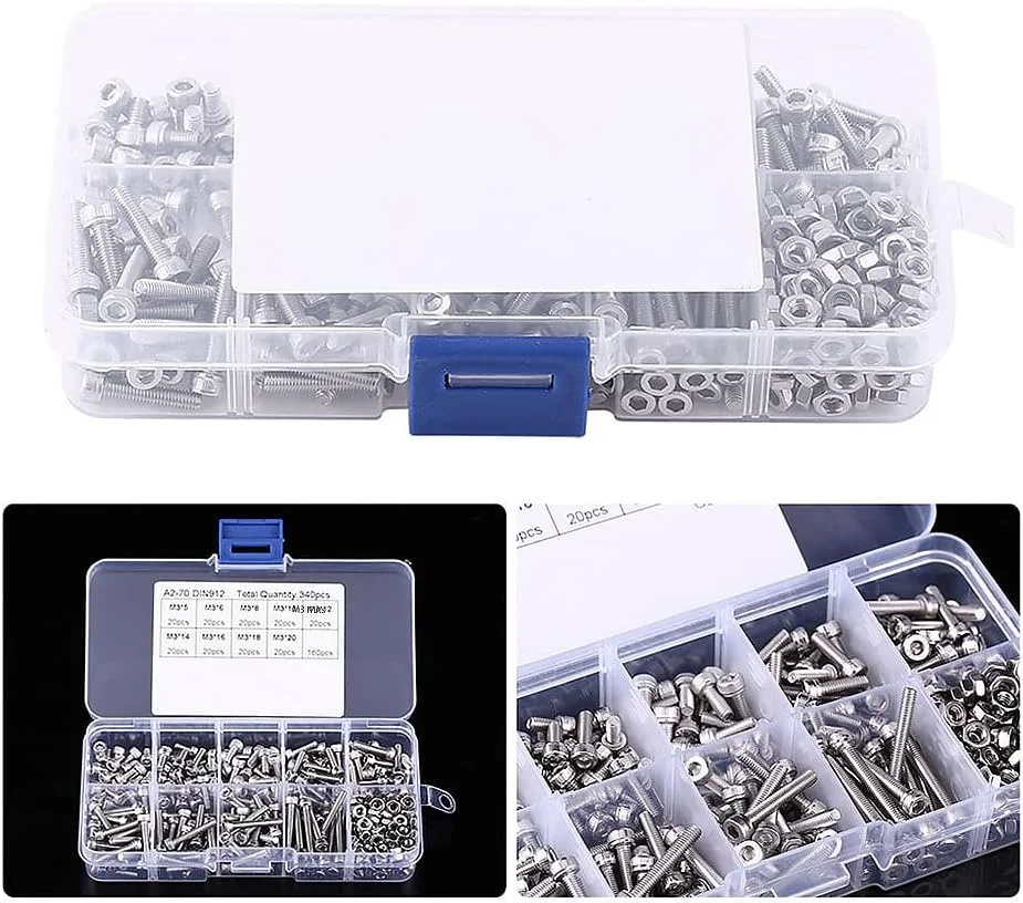 مجموعه پیچ و مهره M3 GQCKE، 340 عدد پیچ و مهره سر فلزی استیل ضد زنگ با سر دکمه ای شش گوش، مجموعه سخت افزاری پیچ و مهره