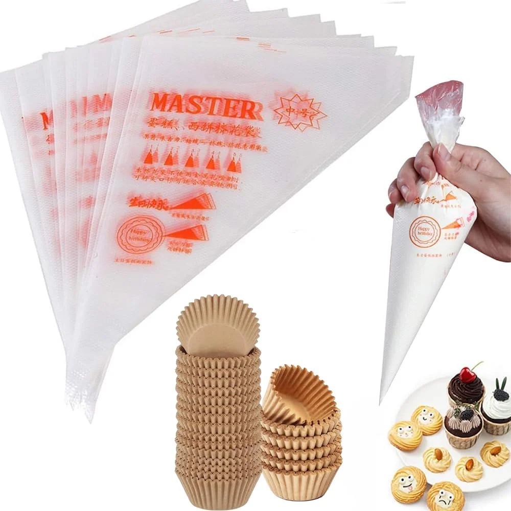 ابزار کیک، 100 عدد کیسه قیف خامه و 100 عدد کاغذ کاپ کیک قهوه ای - ابزار تزئین کیک برای شیرینی، مافین و کاپ کیک - یکبار مصرف، نچسب، ایمن برای مواد غذایی