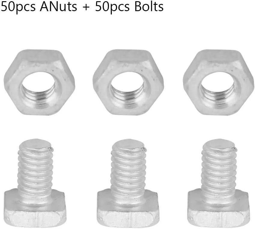 50 عدد مهره آلومینیومی + 50 عدد پیچ گلخانه ای سر بریده شده M6 x 12mm نقره ای 50 عدد مهره آلومینیومی + 50 عدد پیچ گلخانه ای سر بریده شده M6 x 12mm نقره ای