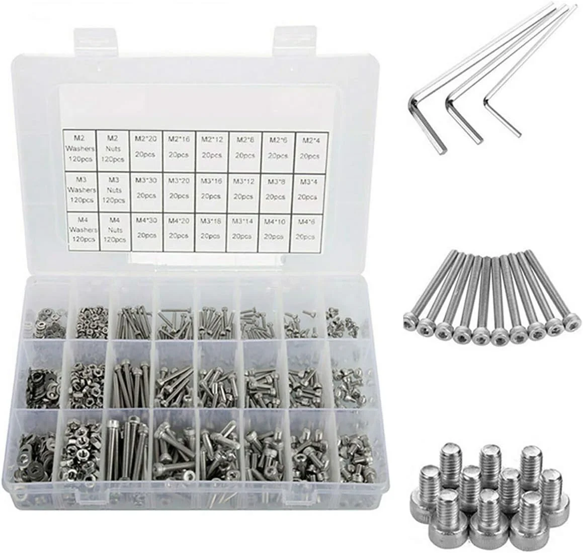 1080pcs M2/M3/M4 Stainless Steel Hex Socket Bolt and Nuts Set Fastener Hardware Hexagon Socket Head Cap Screws Flat Washer with 3pcs Nuts Wrench Kit