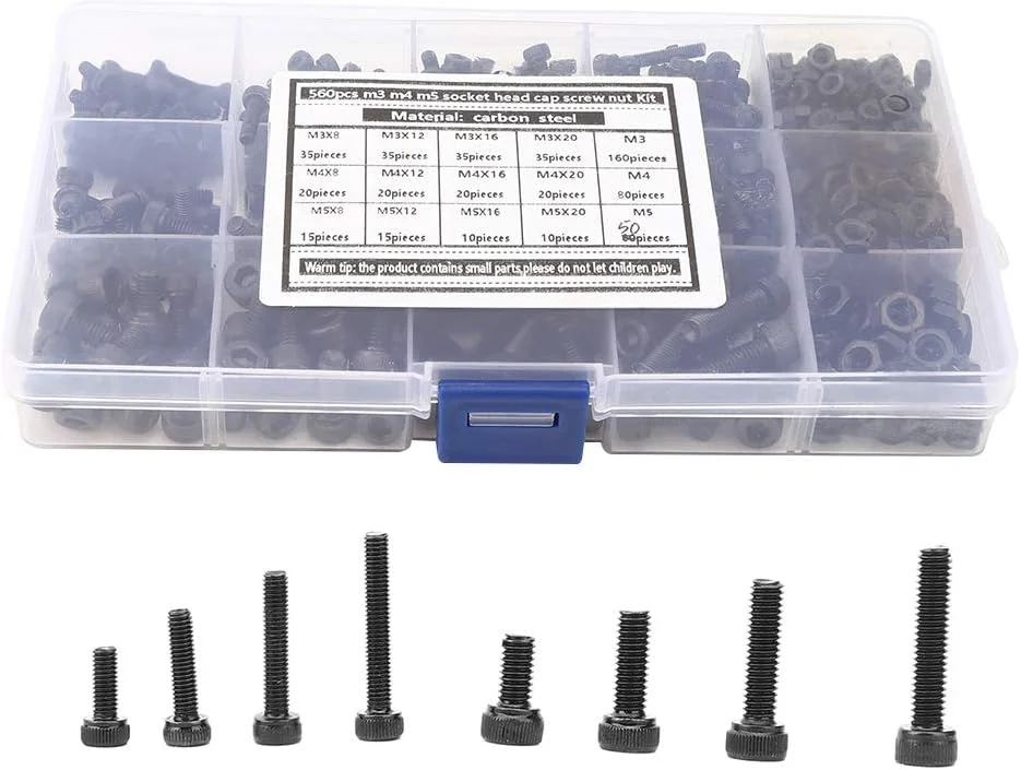 مجموعه 560 عددی پیچ و مهره شش گوش فولادی کربنی، اتصالات سخت افزاری صنعتی M3 M4 M5
