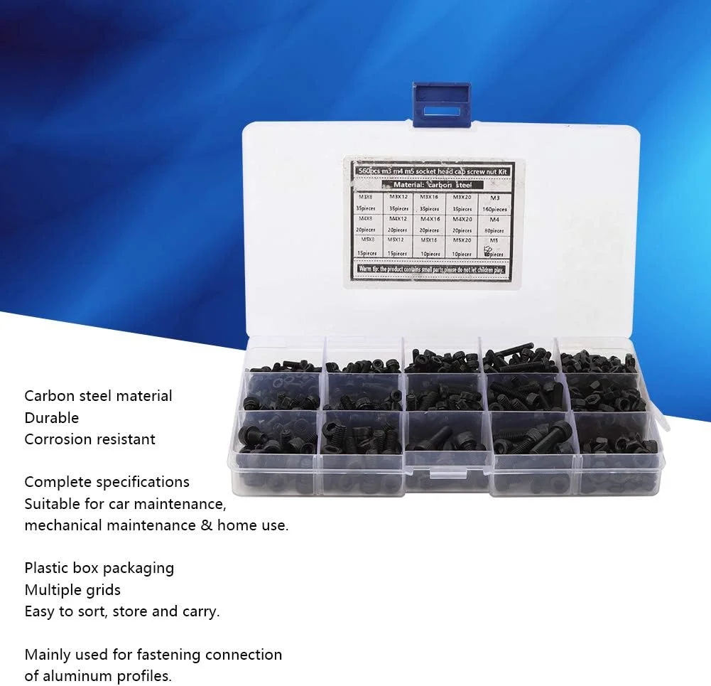 مجموعه 560 عددی پیچ و مهره شش گوش فولادی کربنی، اتصالات سخت افزاری صنعتی M3 M4 M5
