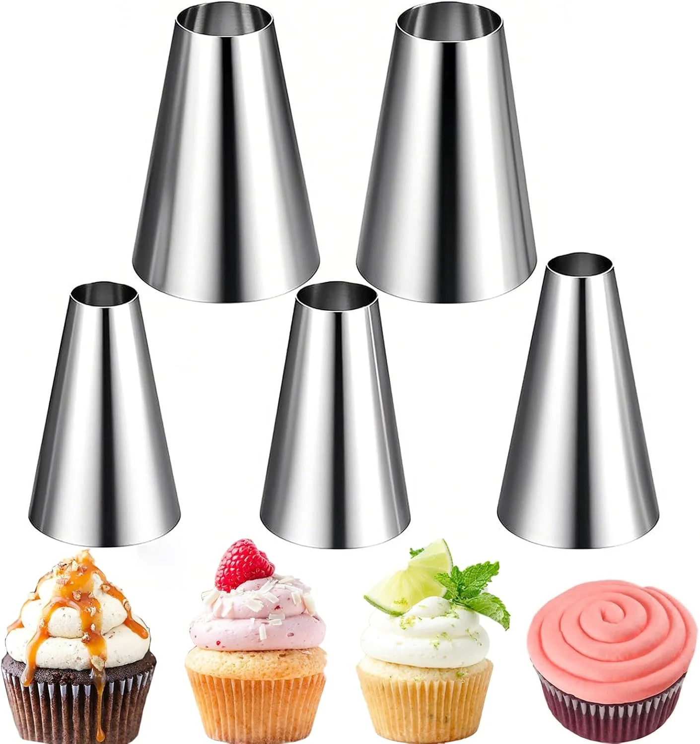 سری قیف ماسوره گرد بزرگ Suuker، 5 عدد سری تزئین کیک استیل ضد زنگ، ابزار تزئین پخت برای تزئین کیک، کاپ کیک، کلوچه، فوندانت شیرینی