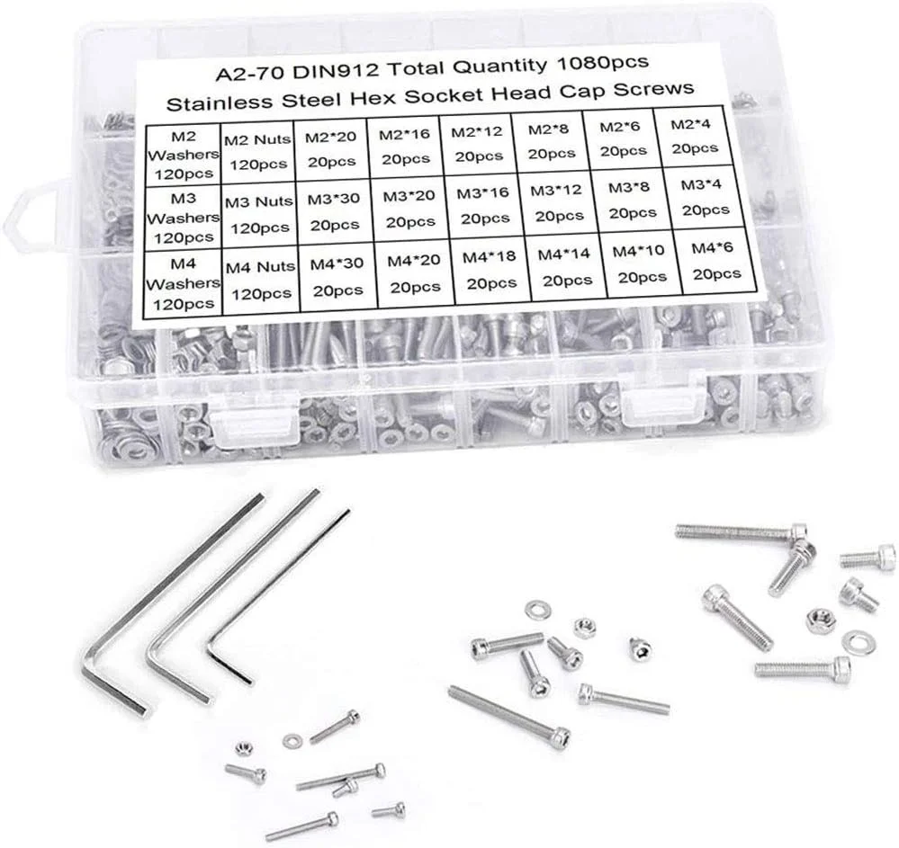 1080pcs M2/M3/M4 Stainless Steel Hex Socket Bolt and Nuts Set Fastener Hardware Hexagon Socket Head Cap Screws Flat Washer with 3pcs Nuts Wrench Kit 1080pcs M2/M3/M4 Stainless Steel Hex Socket Bolt and Nuts Set Fastener Hardware Hexagon Socket Head Cap Screws Flat Washer with 3pcs Nuts Wrench Kit