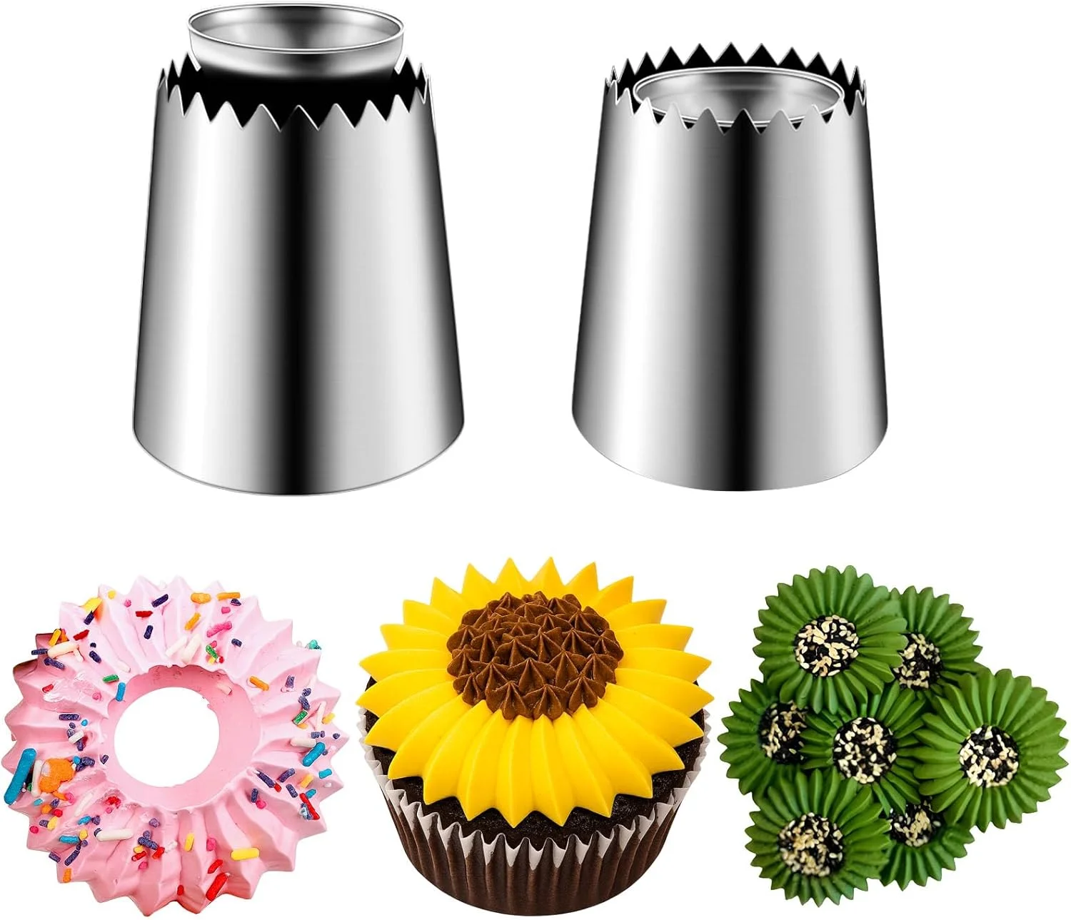 ست سری قیف بزرگ سوکر، قالب حلقه ای سلطان، نازل یخ زن، نازل های لوله کشی یخ فولاد ضد زنگ، لوازم تزئین کیک برای هدیه آشپزخانه (2 عدد، نقره ای)