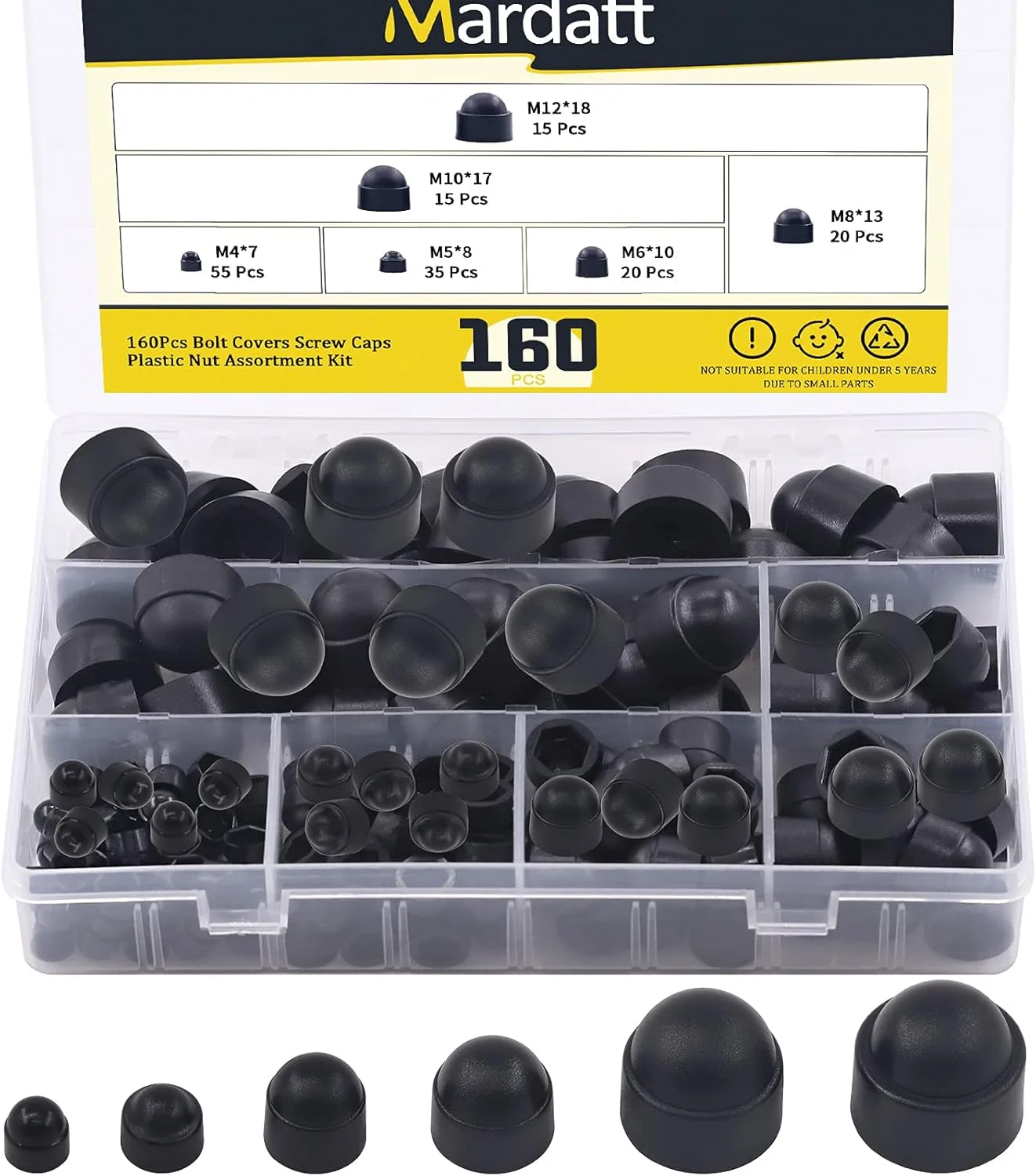 مجموعه 160 عددی روکش پیچ و مهره ماردات در 6 سایز مختلف M4 M5 M6 M8 M10 M12، درپوش پلاستیکی مهره ای گنبدی شکل برای محافظت از پیچ و مهره های شش ضلعی، مشکی