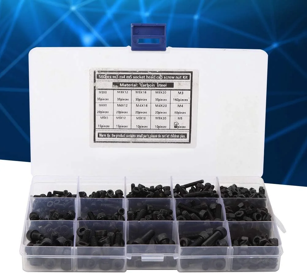مجموعه 560 عددی پیچ و مهره شش گوش فولادی کربنی، اتصالات سخت افزاری صنعتی M3 M4 M5