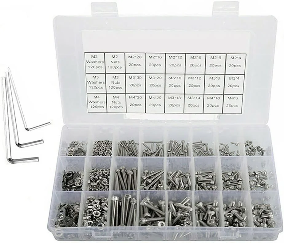 مجموعه 1080 عددی پیچ، مهره و واشر GQCKE، شامل پیچ‌های M3 M4 M5 استیل ضد زنگ با سر دکمه‌ای و سوکت شش گوش، مجموعه‌ای از کیت‌های سخت‌افزاری پیچ و مهره