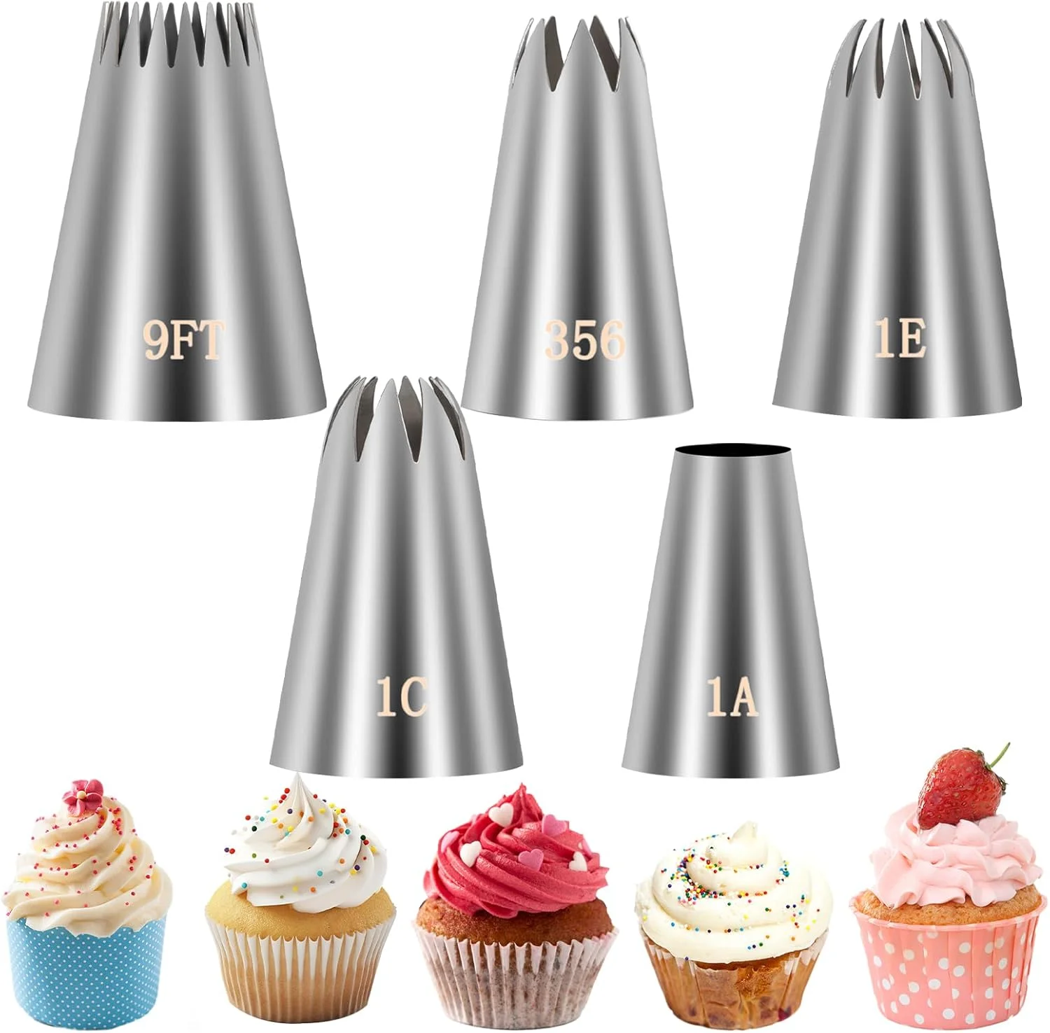 ست 5 عددی ماسوره بزرگ شیرینی پزی، ماسوره های تزئین کیک استیل ضد زنگ با گرید غذایی، کیت ماسوره خامه برای کاپ کیک، کیک، شیرینی، لوازم تزئین کوکی، ست ابزار پخت (1A 1E 1C 9FT 356)