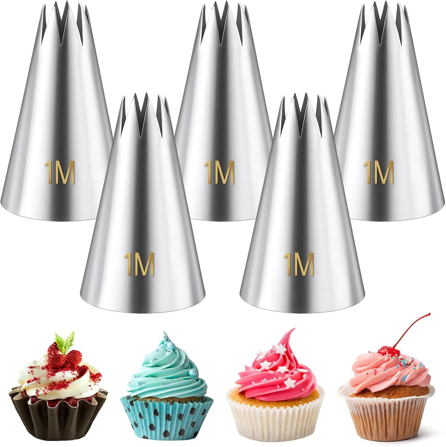 ماسوره های پایپینگ 1 متری، ست 5 عددی ماسوره های کیک استیل ضد زنگ، لوازم تزئین کوکی برای تزئین شیرینی، خامه، کاپ کیک و کلوچه (نقره ای)