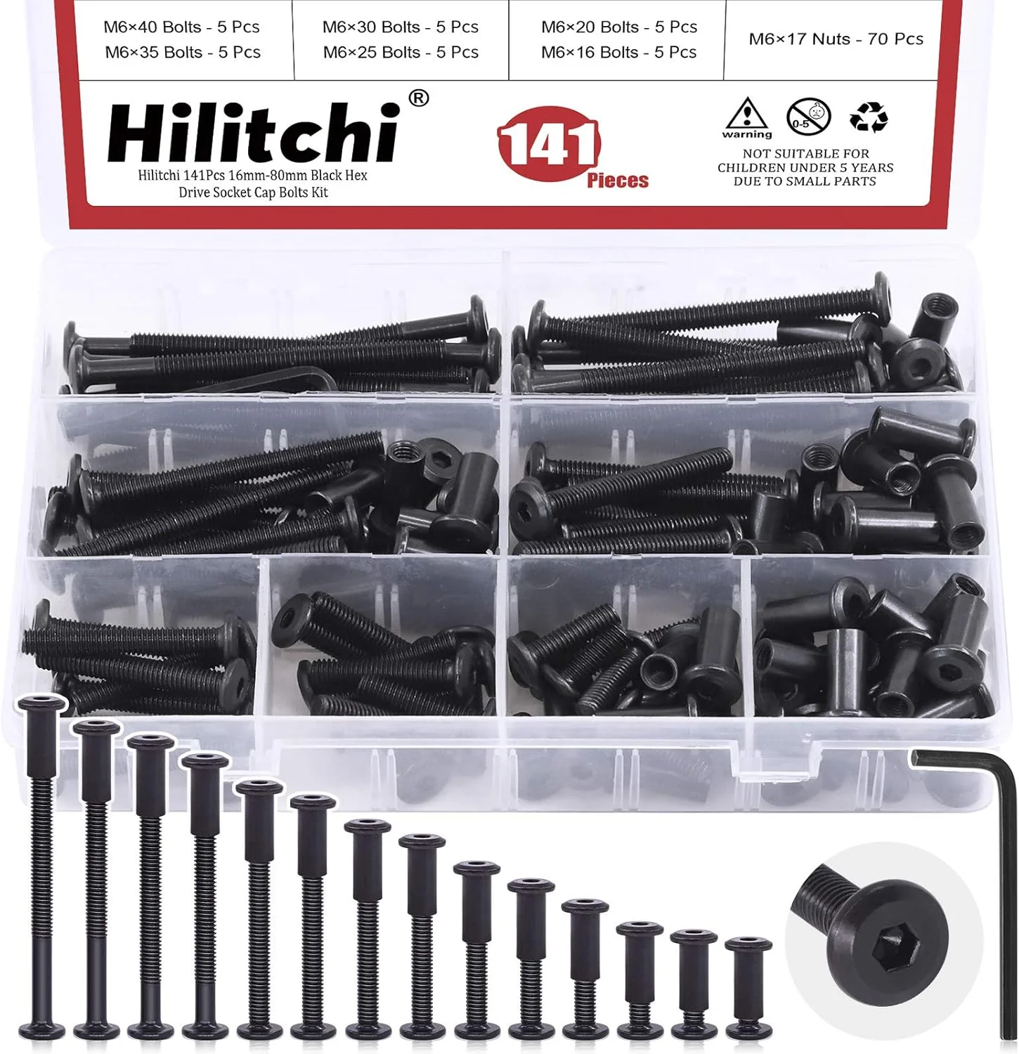 مجموعه پیچ و مهره های سر استوانه ای با سوکت درایو شش گوش هیلیچی M6، پیچ های سر خزینه، مهره های استوانه ای، مجموعه مهره و پیچ مخصوص اتصالات سخت افزاری مبلمان (مجموعه 16-80 میلی متری - 140 عددی)